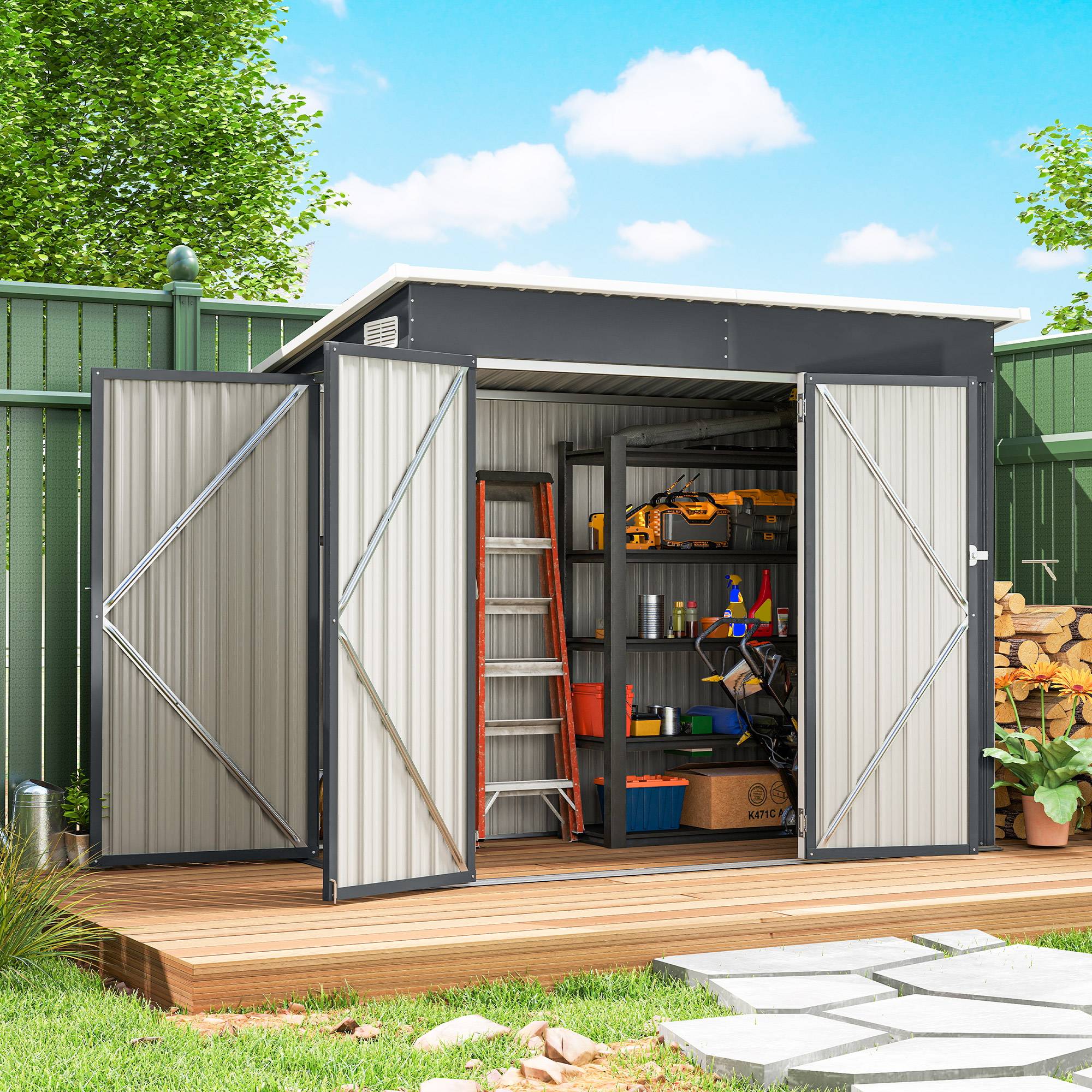 Abri de jardin métal 234x132x185 cm avec triple porte verrouillable, toit incliné ventilation, cabane gris - Image 3