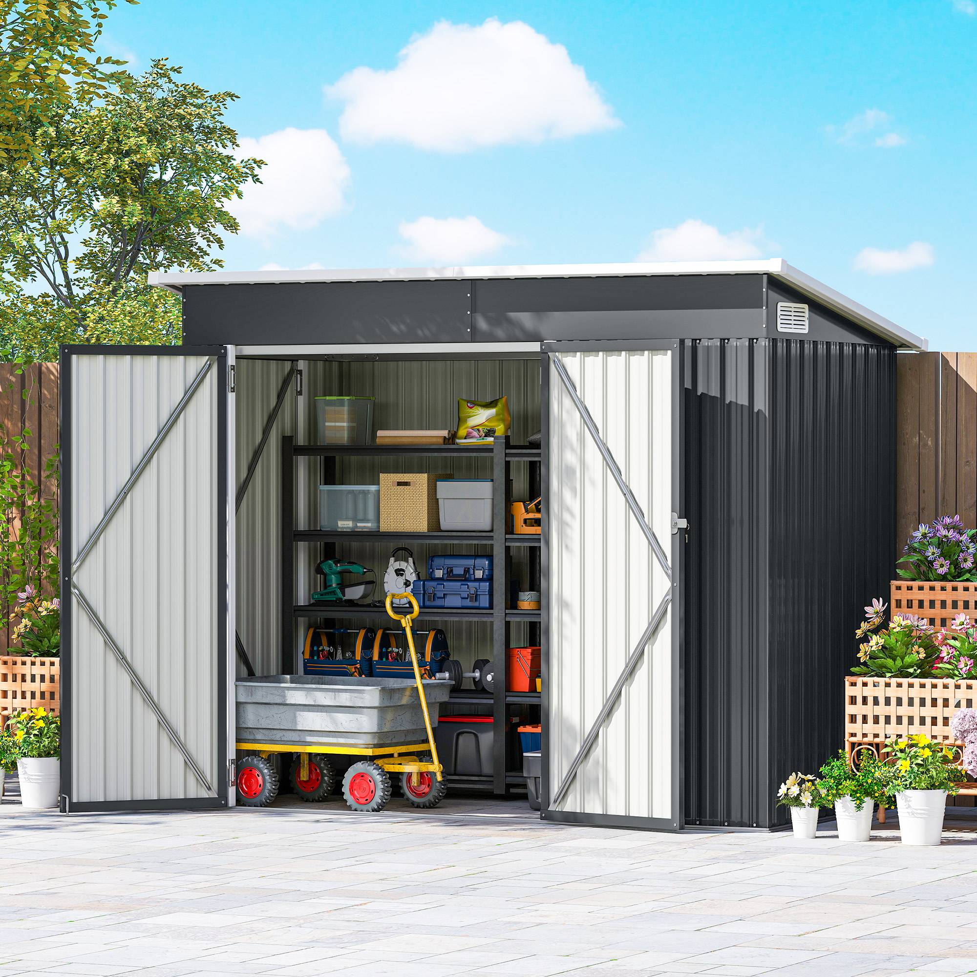 Abri de jardin métal 234x132x185 cm avec triple porte verrouillable, toit incliné ventilation, cabane gris - Image 4