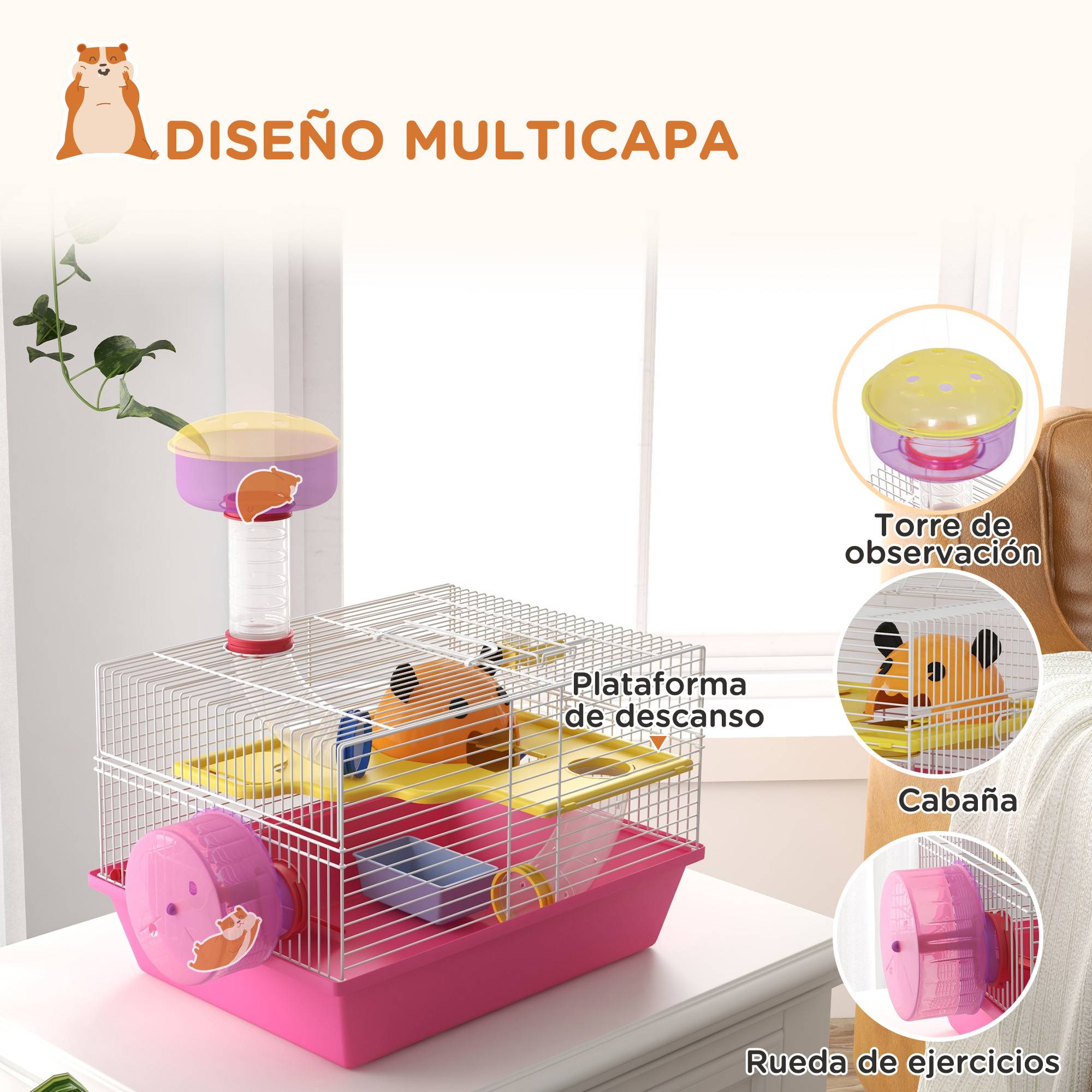 Cage hamster naine Acier et PP avec tour d'observation et roue 34x27x25cm Rose - ComfortXL Outdoor Living - Image 7