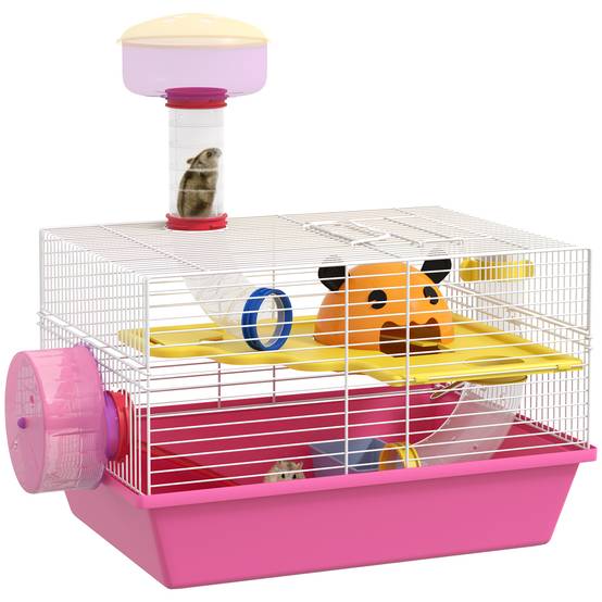 Cage hamster naine Acier et PP avec tour d'observation et roue 34x27x25cm Rose - ComfortXL Outdoor Living - Image 1