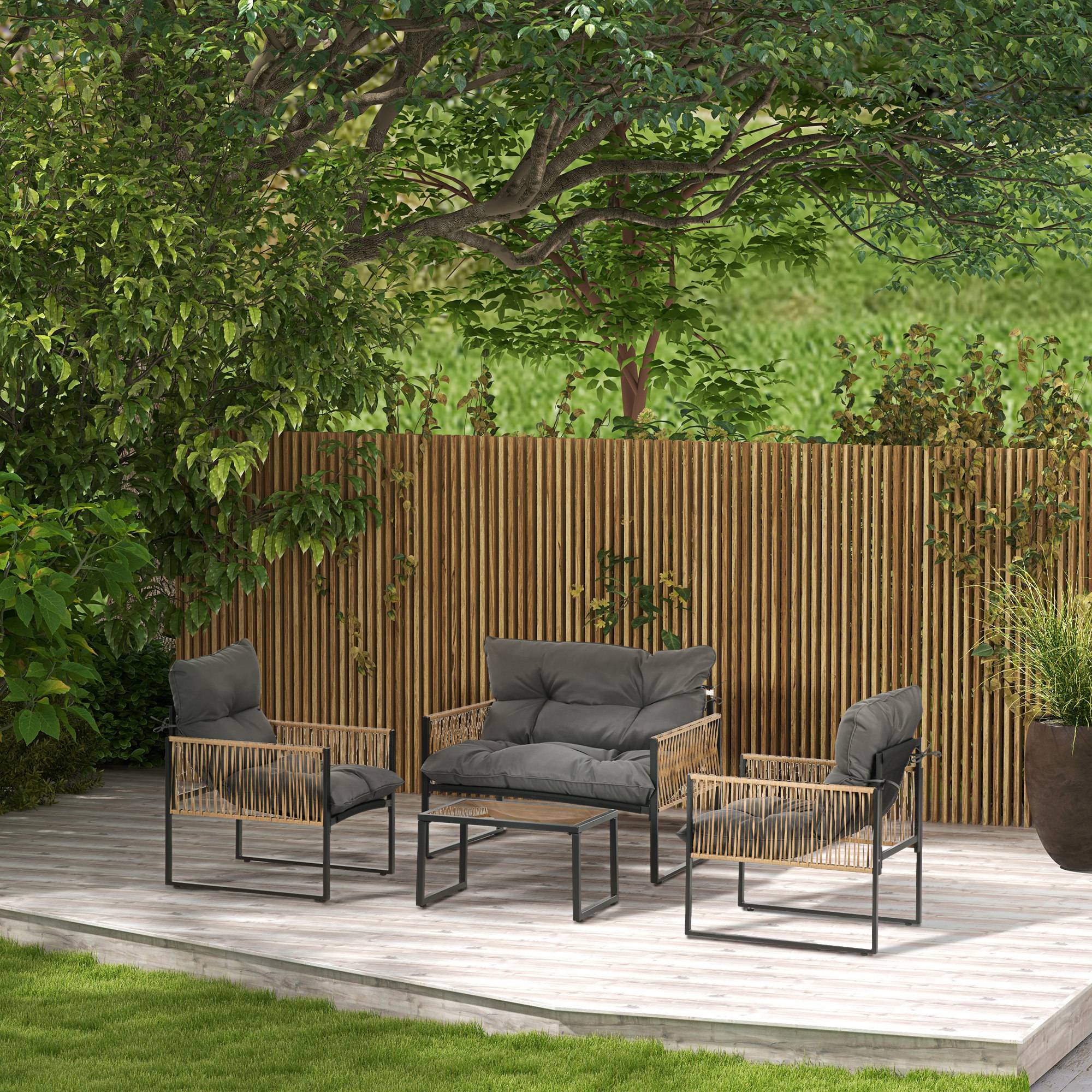 ComfortXL - Salon de jardin 4 pièces résine tressée anthracite canapé fauteuils table verre pour terrasse extérieur - Image 1