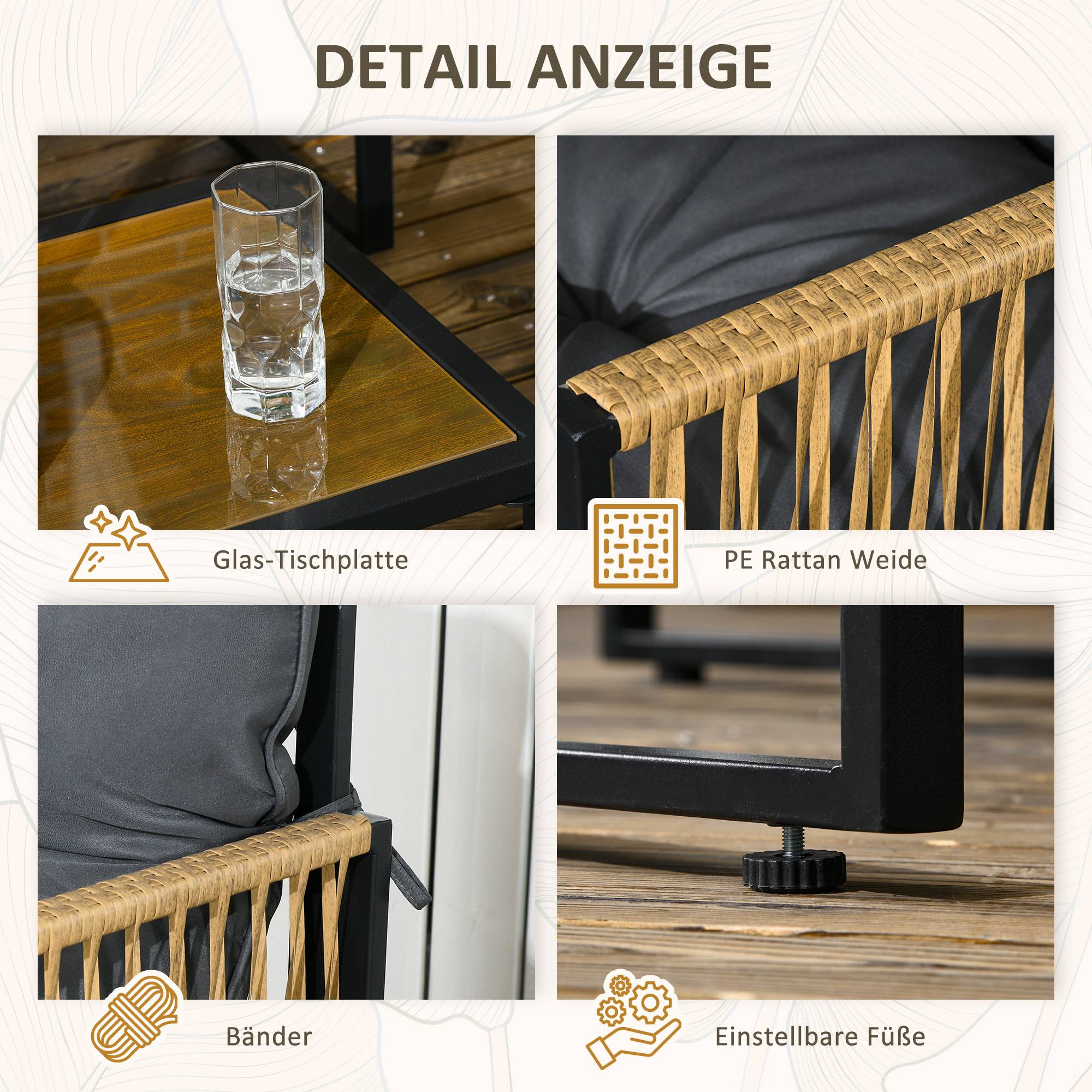 ComfortXL - Salon de jardin 4 pièces résine tressée anthracite canapé fauteuils table verre pour terrasse extérieur - Image 6