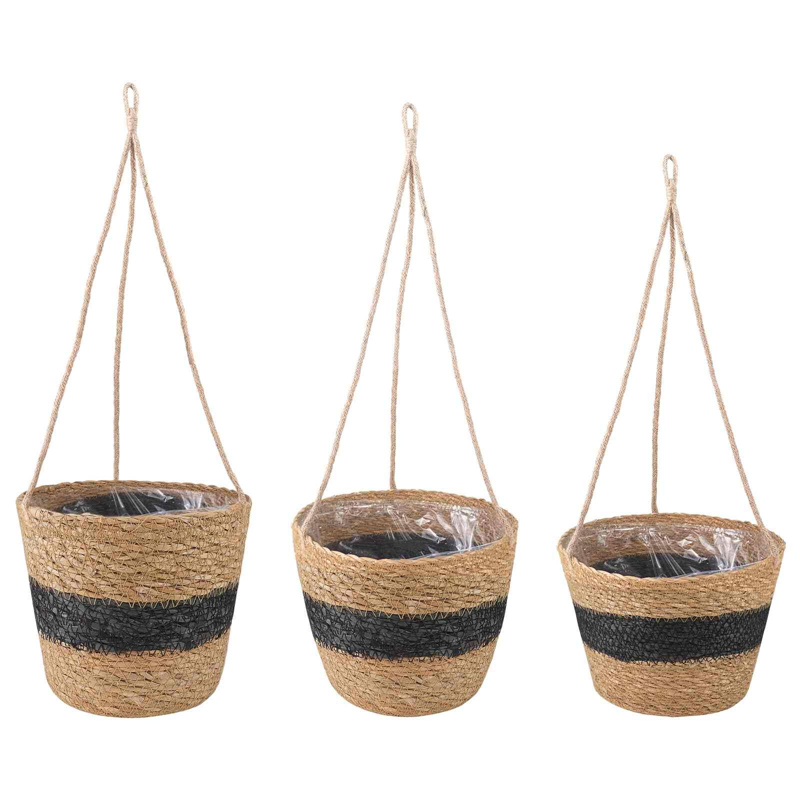 Paniers à plantes herbe de mer naturel et noir 26 x 26 x 19 cm, Poids:0.91kg - PANGIVO - Image 1