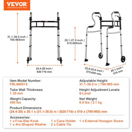 VEVOR Déambulateur pliable 3 en 1 aluminium avec hauteur et largeur réglables - Image 7