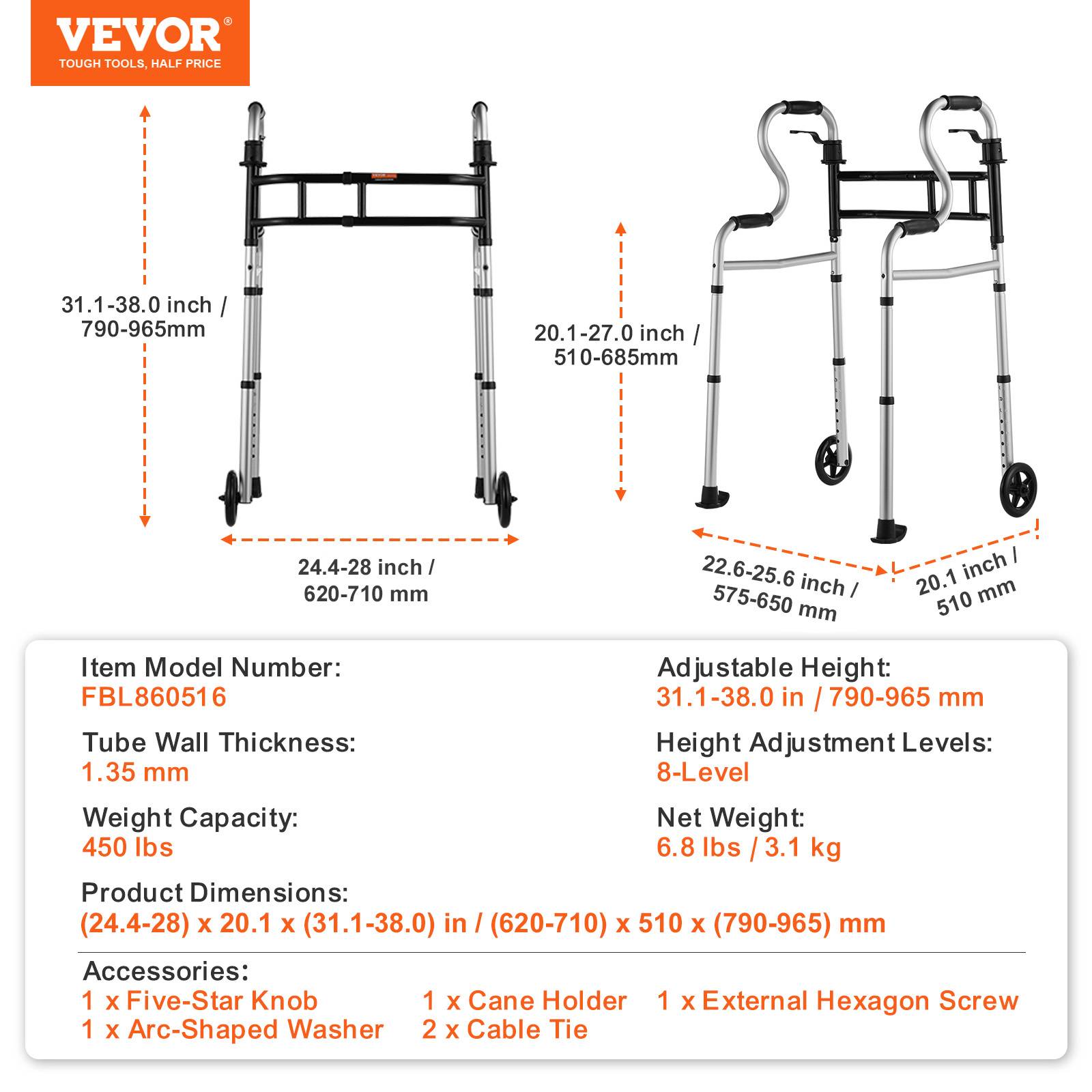VEVOR Déambulateur pliable 3 en 1 aluminium avec hauteur et largeur réglables - Image 7