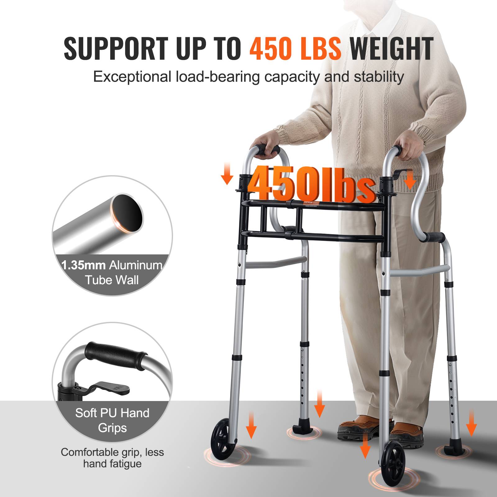 VEVOR Déambulateur pliable 3 en 1 aluminium avec hauteur et largeur réglables - Image 3