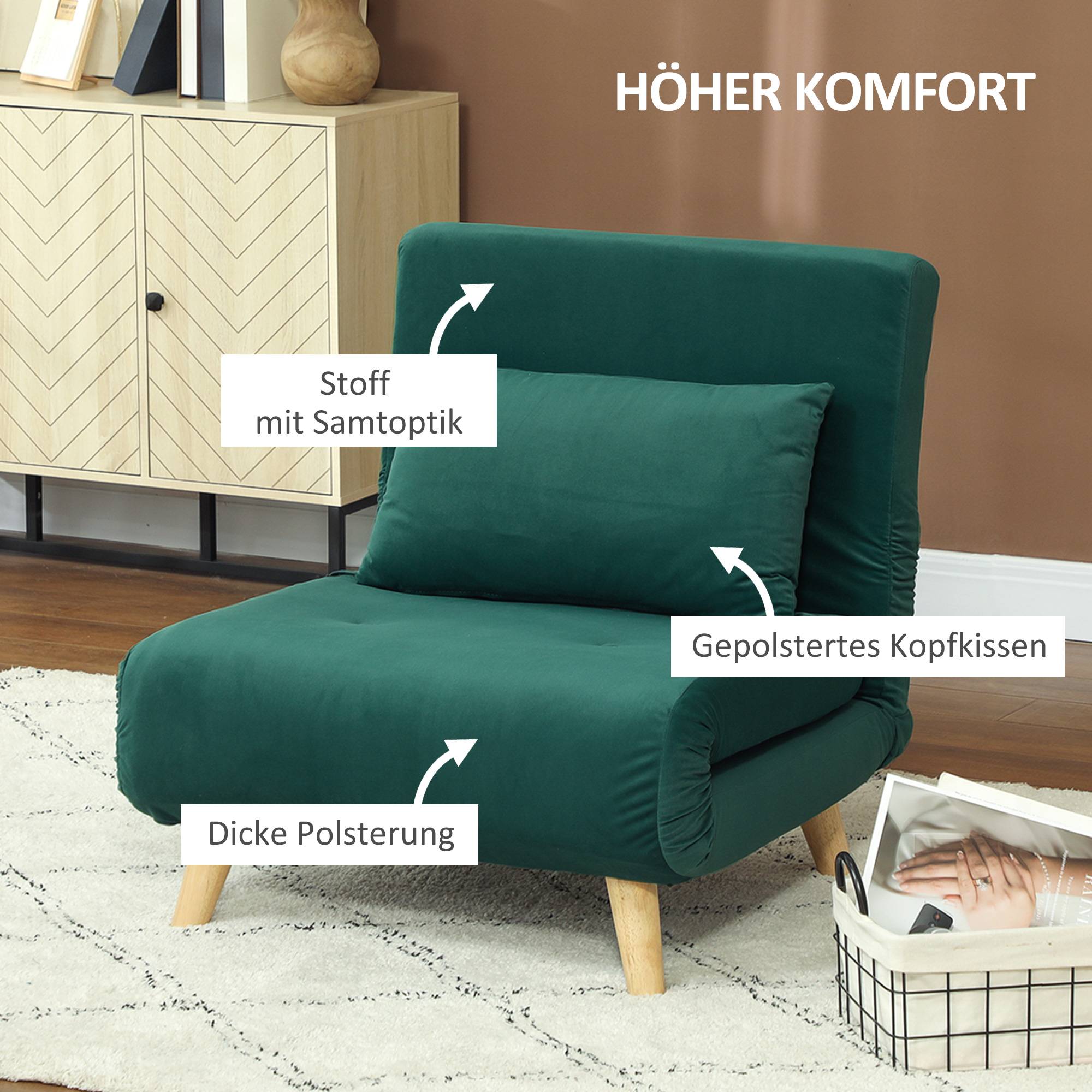 Fauteuil pliant convertible en lit, inclinable et pliable, aspect velours, dossier réglable, charge maximale de 120 kg, vert foncé - Image 6
