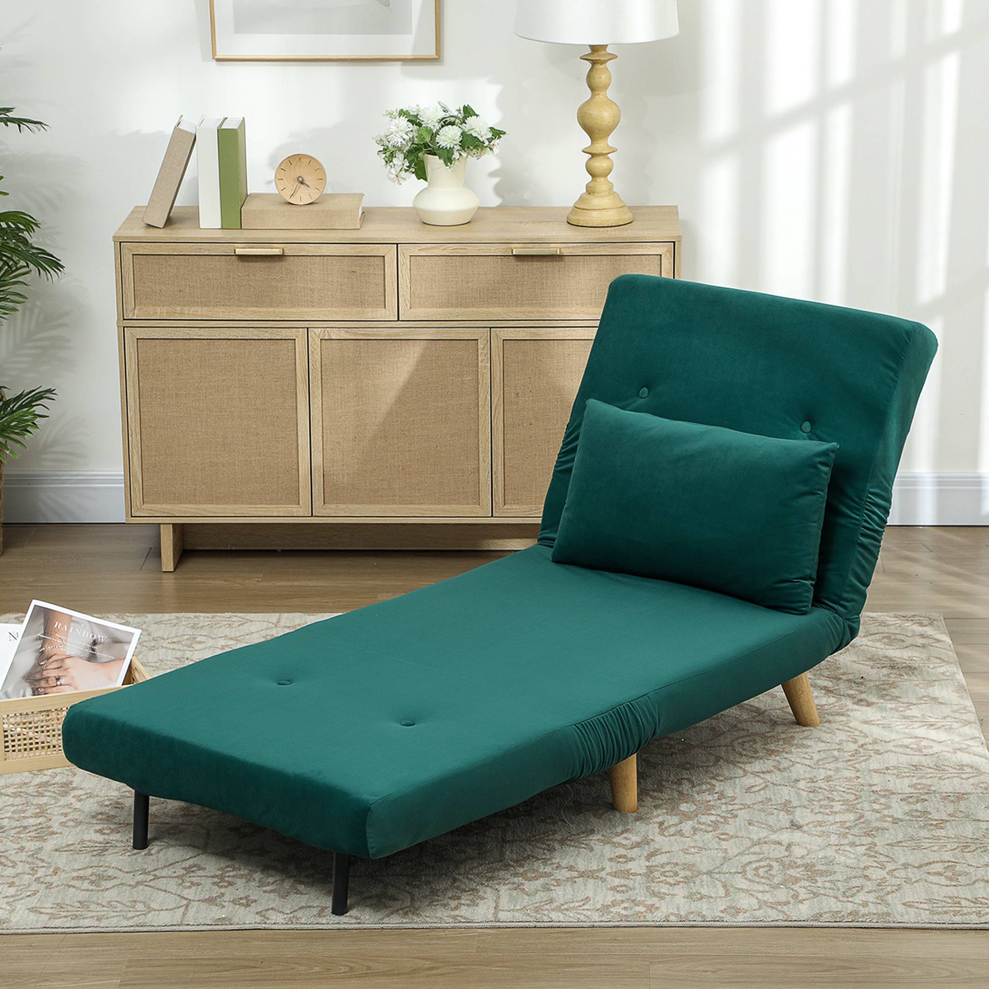 Fauteuil pliant convertible en lit, inclinable et pliable, aspect velours, dossier réglable, charge maximale de 120 kg, vert foncé - Image 4