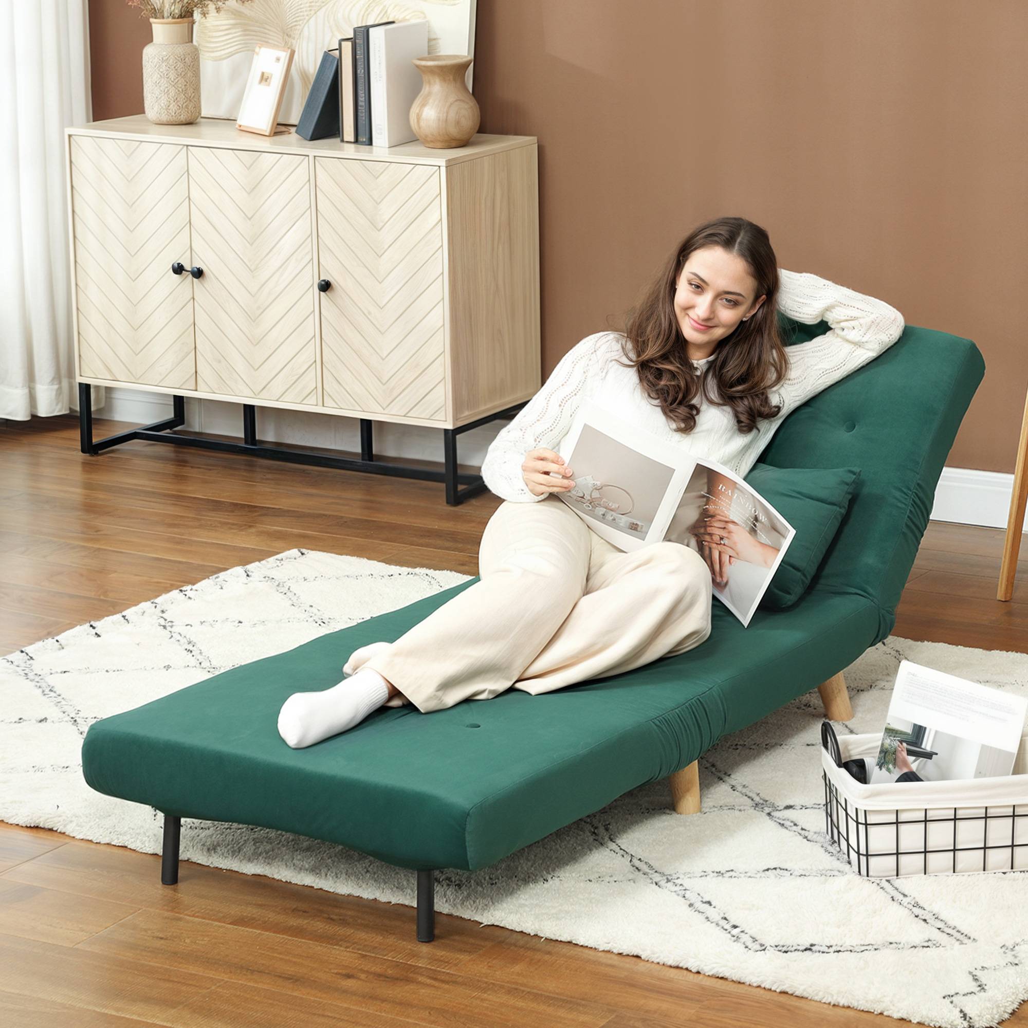Fauteuil pliant convertible en lit, inclinable et pliable, aspect velours, dossier réglable, charge maximale de 120 kg, vert foncé - Image 9