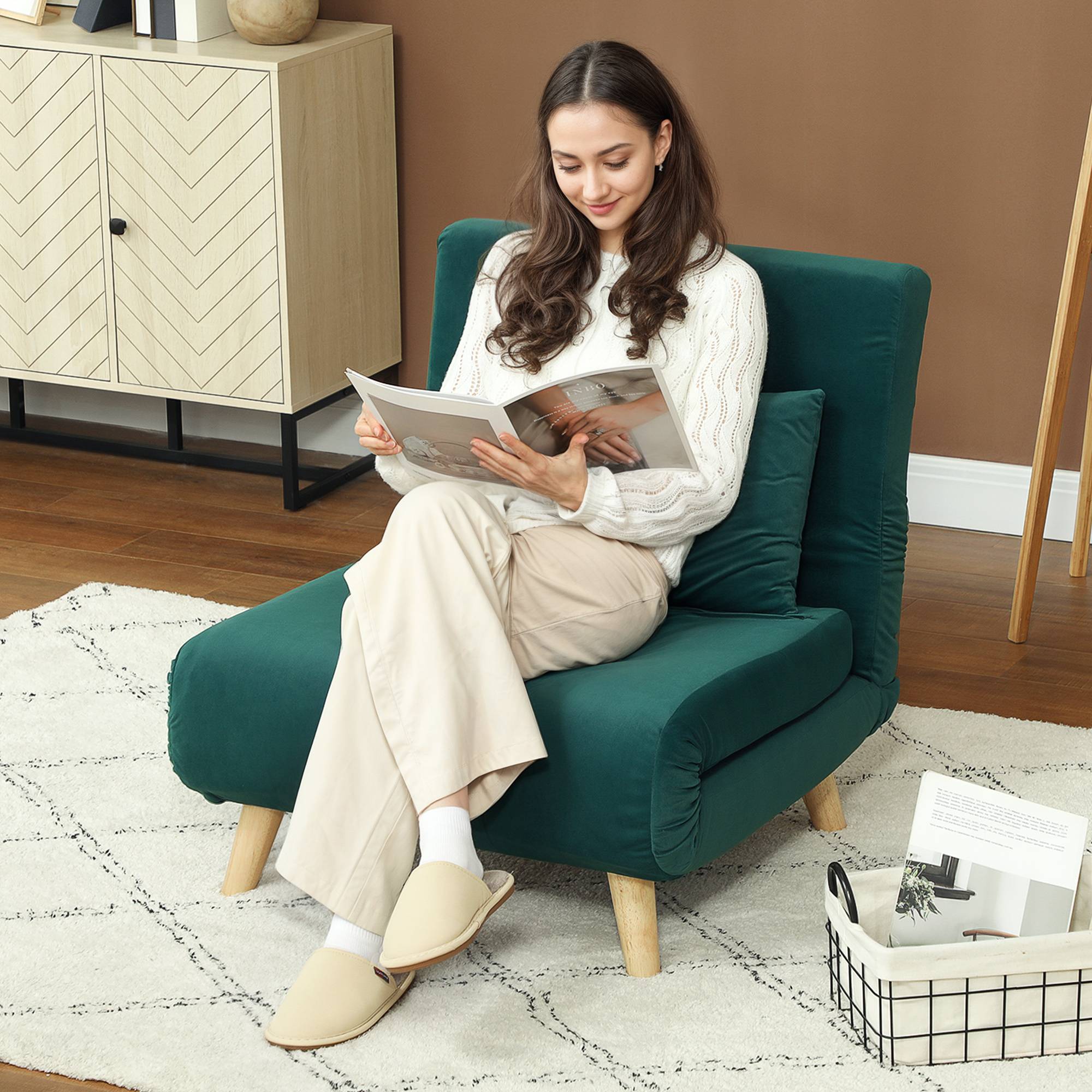 Fauteuil pliant convertible en lit, inclinable et pliable, aspect velours, dossier réglable, charge maximale de 120 kg, vert foncé - Image 3