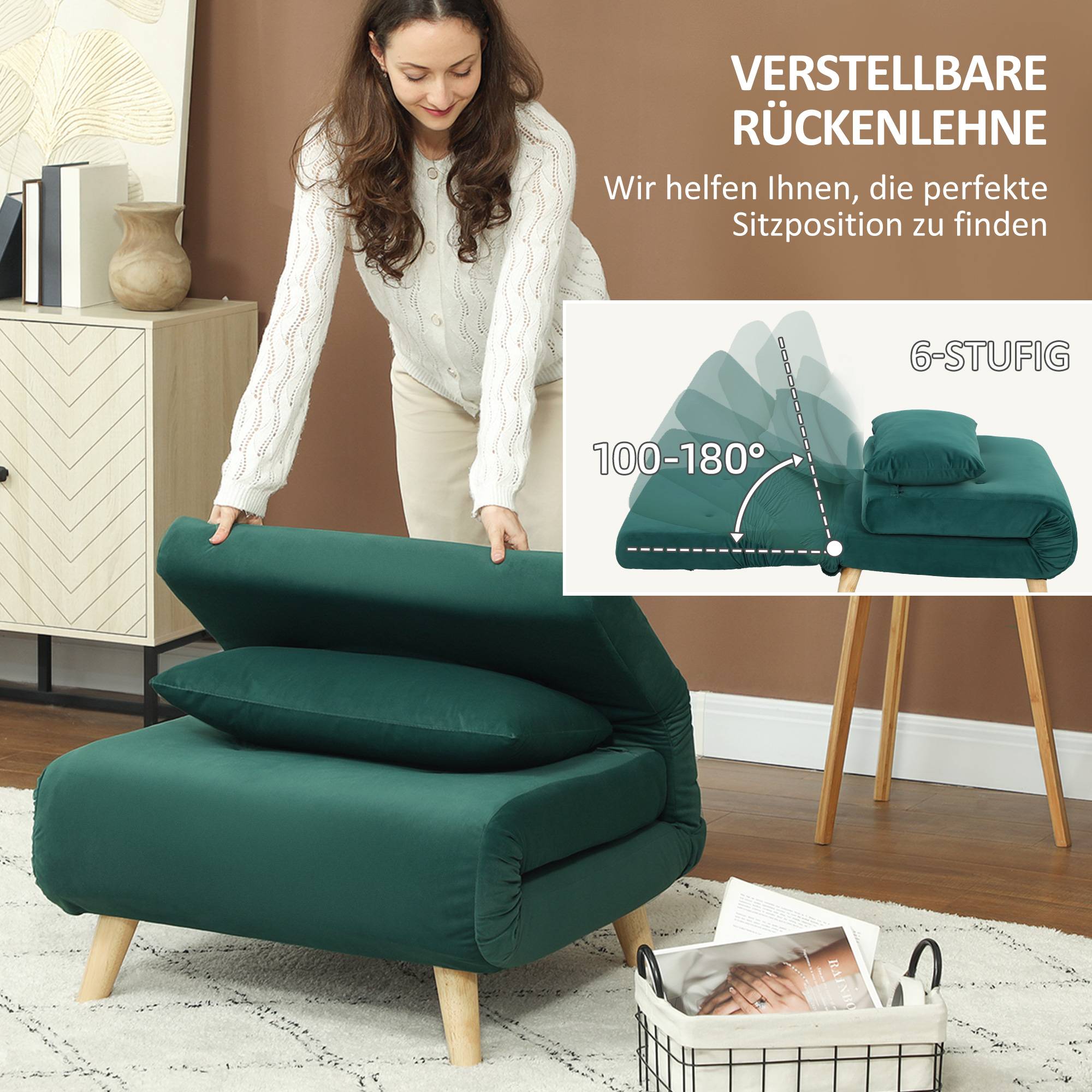 Fauteuil pliant convertible en lit, inclinable et pliable, aspect velours, dossier réglable, charge maximale de 120 kg, vert foncé - Image 7