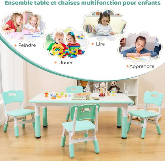 Table Enfant Avec 4 Chaises Réglable En Hauteur - Plateau Graffiti 120x60cm - Vert - Dès 18 Mois