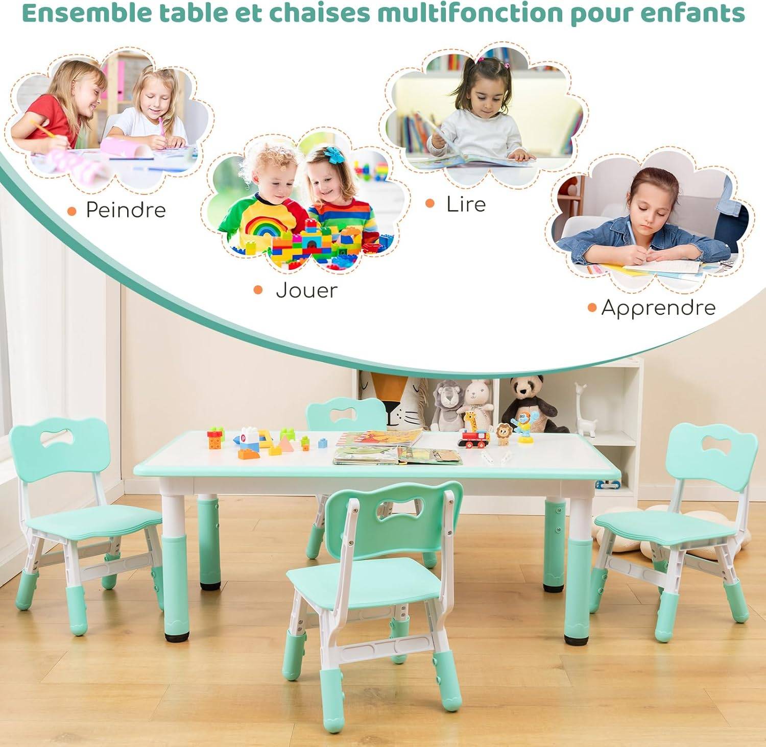 Table Enfant Avec 4 Chaises Réglable En Hauteur - Plateau Graffiti 120x60cm - Vert - Dès 18 Mois