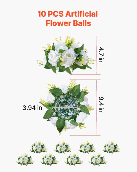 VEVOR Boules de Fleurs Artificielles Centre de Table 10 PCS 24 cm Roses Blanches - Image 3