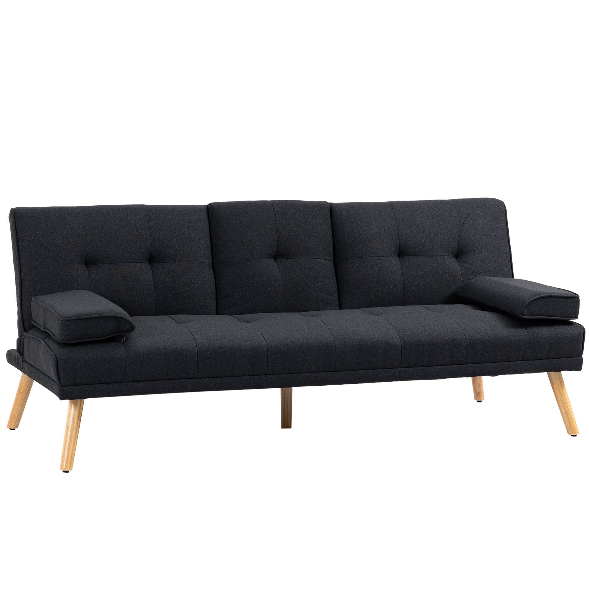 Canapé convertible 3 places en lin gris, dossier réglable 3 positions, 2 coussins, 2 porte-gobelets intégrés, rembourré, salon, chambre d’amis - Image 1