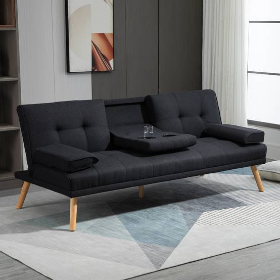 Canapé convertible 3 places en lin gris, dossier réglable 3 positions, 2 coussins, 2 porte-gobelets intégrés, rembourré, salon, chambre d’amis - Image 3