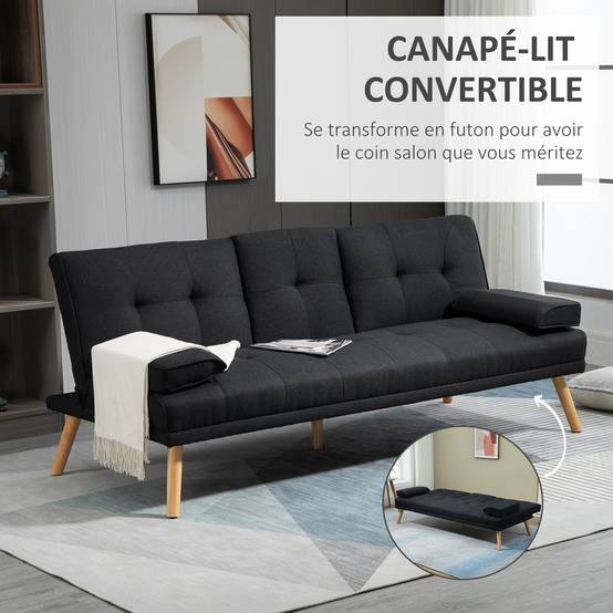 Canapé convertible 3 places en lin gris, dossier réglable 3 positions, 2 coussins, 2 porte-gobelets intégrés, rembourré, salon, chambre d’amis - Image 6