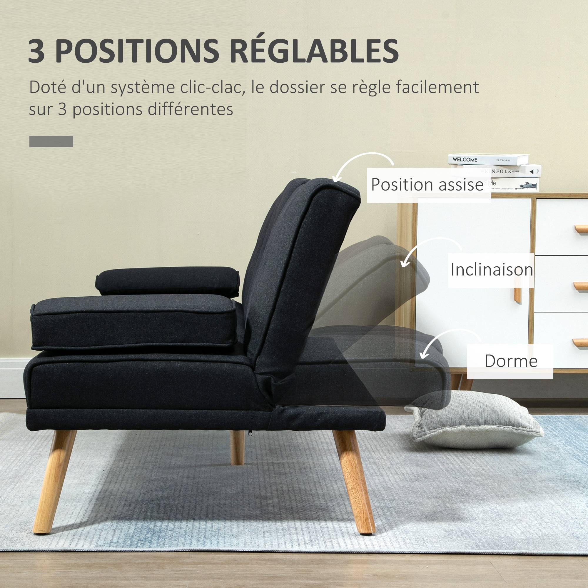 Canapé convertible 3 places en lin gris, dossier réglable 3 positions, 2 coussins, 2 porte-gobelets intégrés, rembourré, salon, chambre d’amis - Image 7