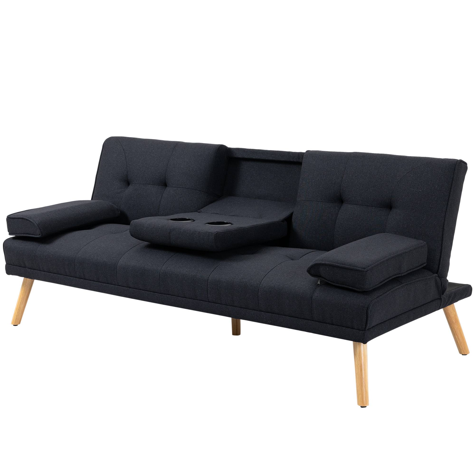 Canapé convertible 3 places en lin gris, dossier réglable 3 positions, 2 coussins, 2 porte-gobelets intégrés, rembourré, salon, chambre d’amis - Image 2