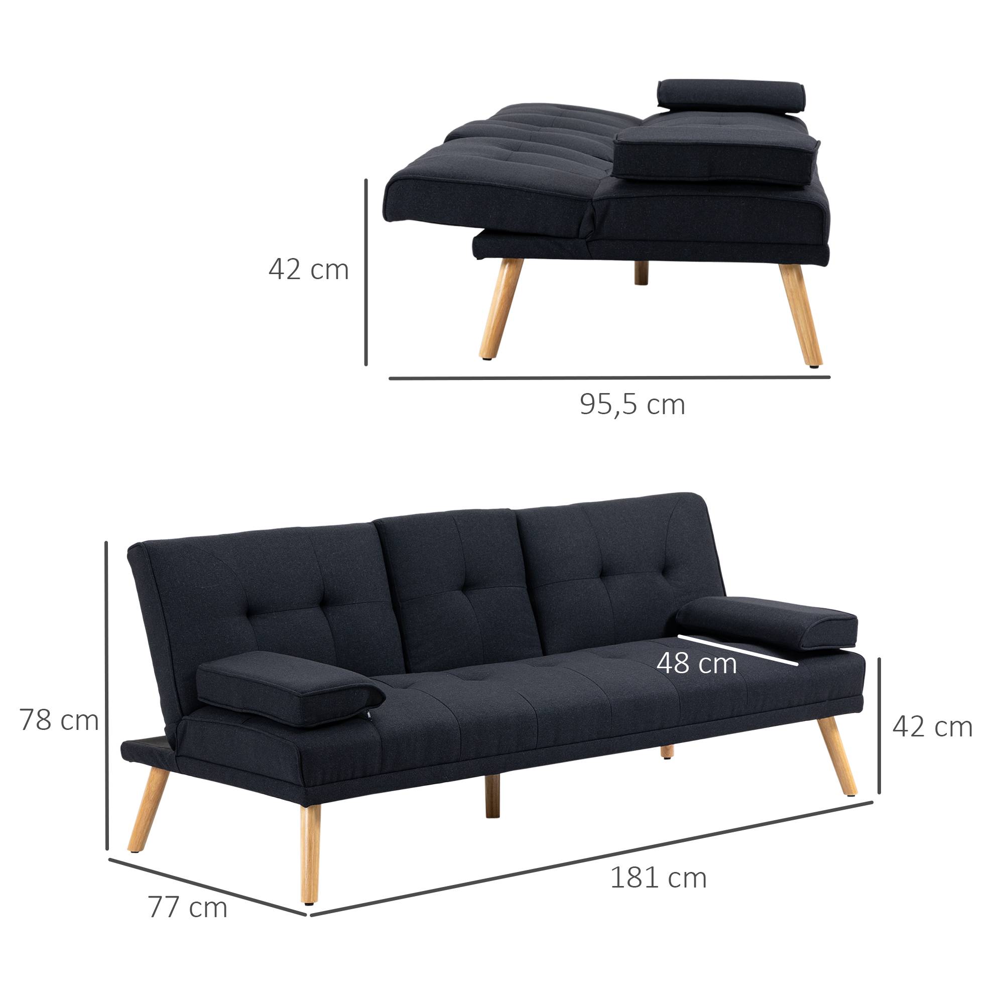 Canapé convertible 3 places en lin gris, dossier réglable 3 positions, 2 coussins, 2 porte-gobelets intégrés, rembourré, salon, chambre d’amis - Image 5