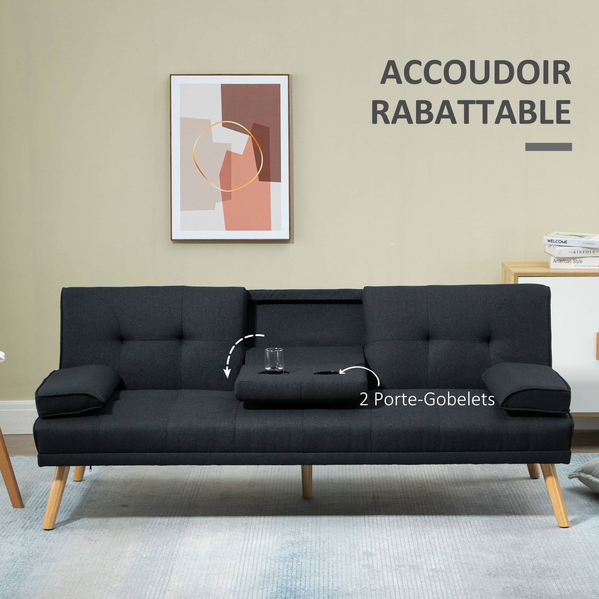 Canapé convertible 3 places en lin gris, dossier réglable 3 positions, 2 coussins, 2 porte-gobelets intégrés, rembourré, salon, chambre d’amis - Image 9