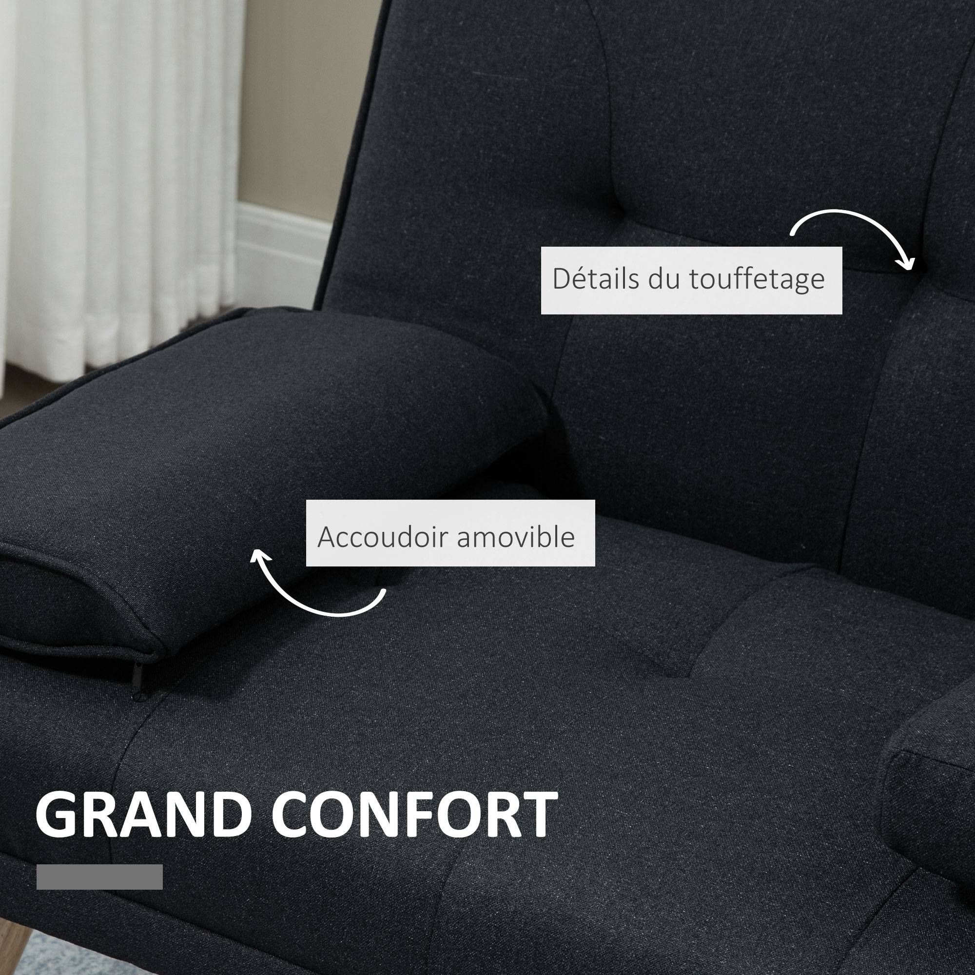 Canapé convertible 3 places en lin gris, dossier réglable 3 positions, 2 coussins, 2 porte-gobelets intégrés, rembourré, salon, chambre d’amis - Image 8