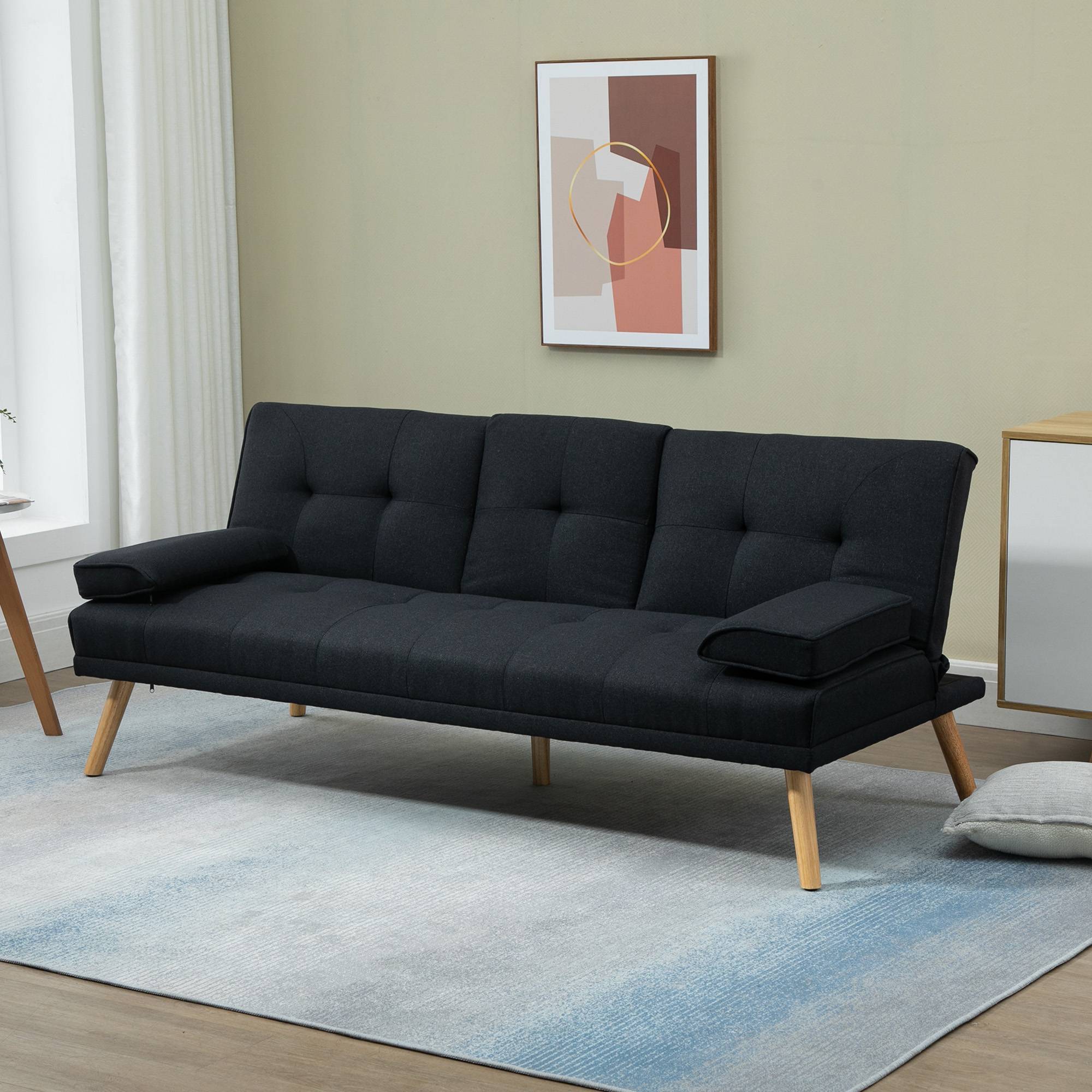 Canapé convertible 3 places en lin gris, dossier réglable 3 positions, 2 coussins, 2 porte-gobelets intégrés, rembourré, salon, chambre d’amis - Image 4
