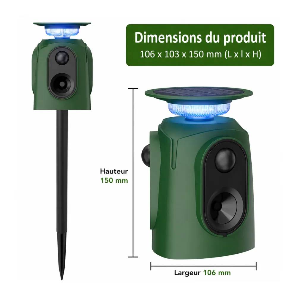 Répulsif Électronique Solaire 360° à Ultrasons et Flash - Étanche IP65 - Image 3