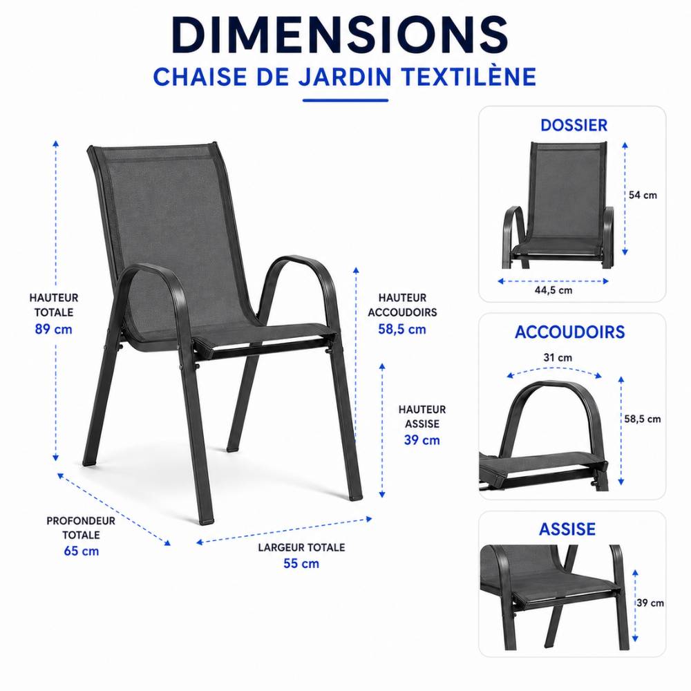 Chaises de jardin empilables textilène x6 Unité Anthracite - Image 3