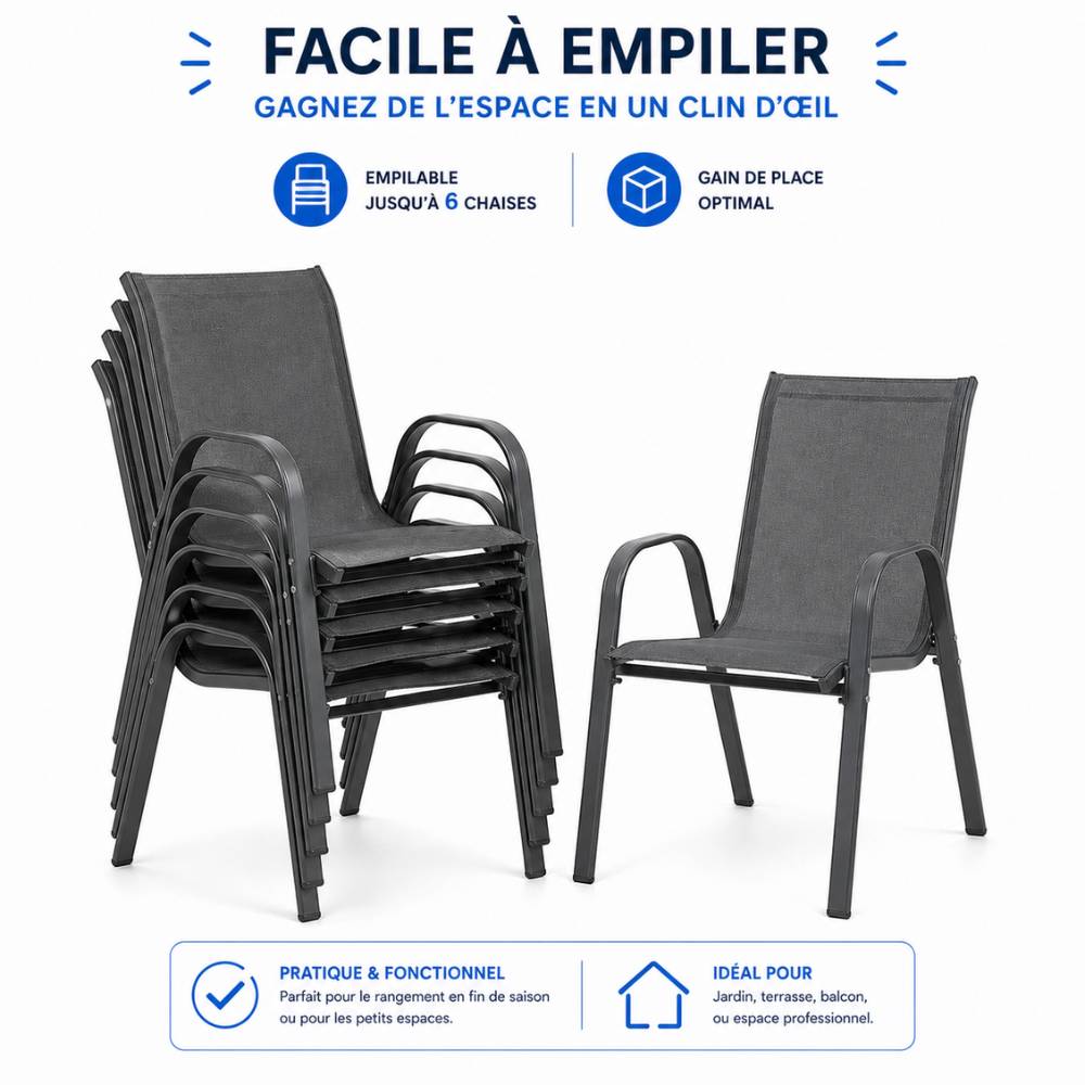 Chaises de jardin empilables textilène x6 Unité Anthracite - Image 4