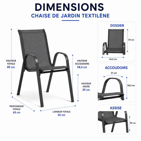 Chaises de jardin empilables textilène x6 Unité Anthracite - Image 4