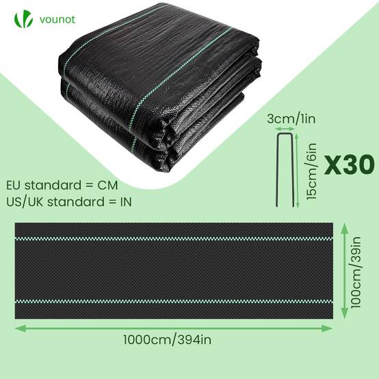 Toile de paillage 10m x 1m 100g/m² avec 30 piquets de fixation - Bâche géotextile anti UV contre mauvaises herbes- VOUNOT® - Image 2