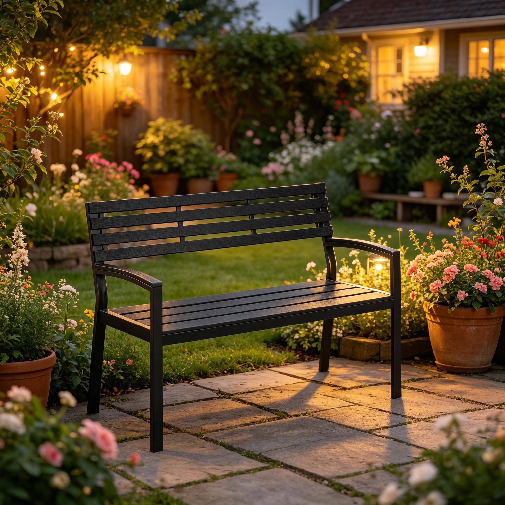 ComfortXL - Banc de jardin extérieur métal et lattes aspect bois résistant 115x55x85cm noir - ComfortXL Outdoor Living - Image 7