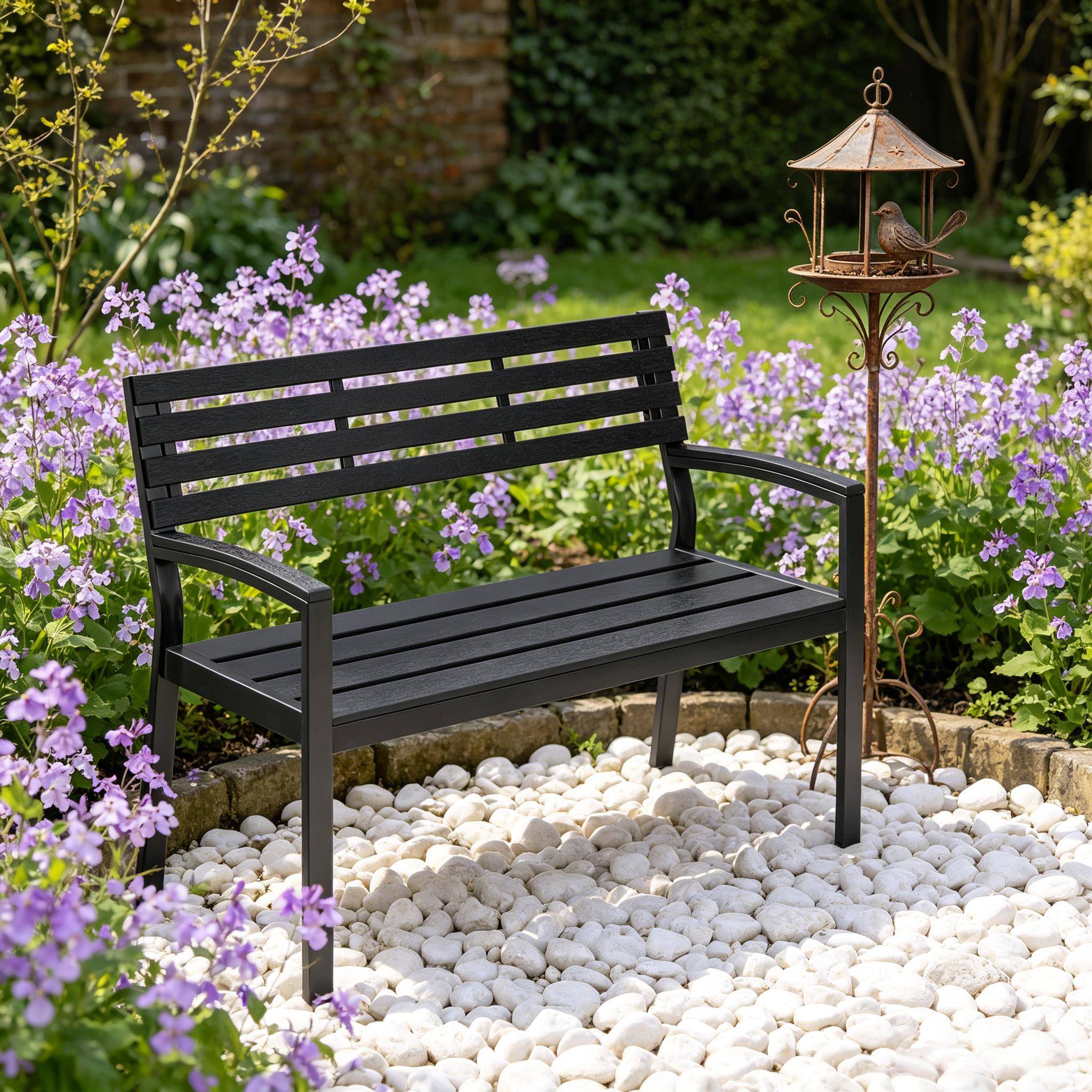 ComfortXL - Banc de jardin extérieur métal et lattes aspect bois résistant 115x55x85cm noir - ComfortXL Outdoor Living - Image 2