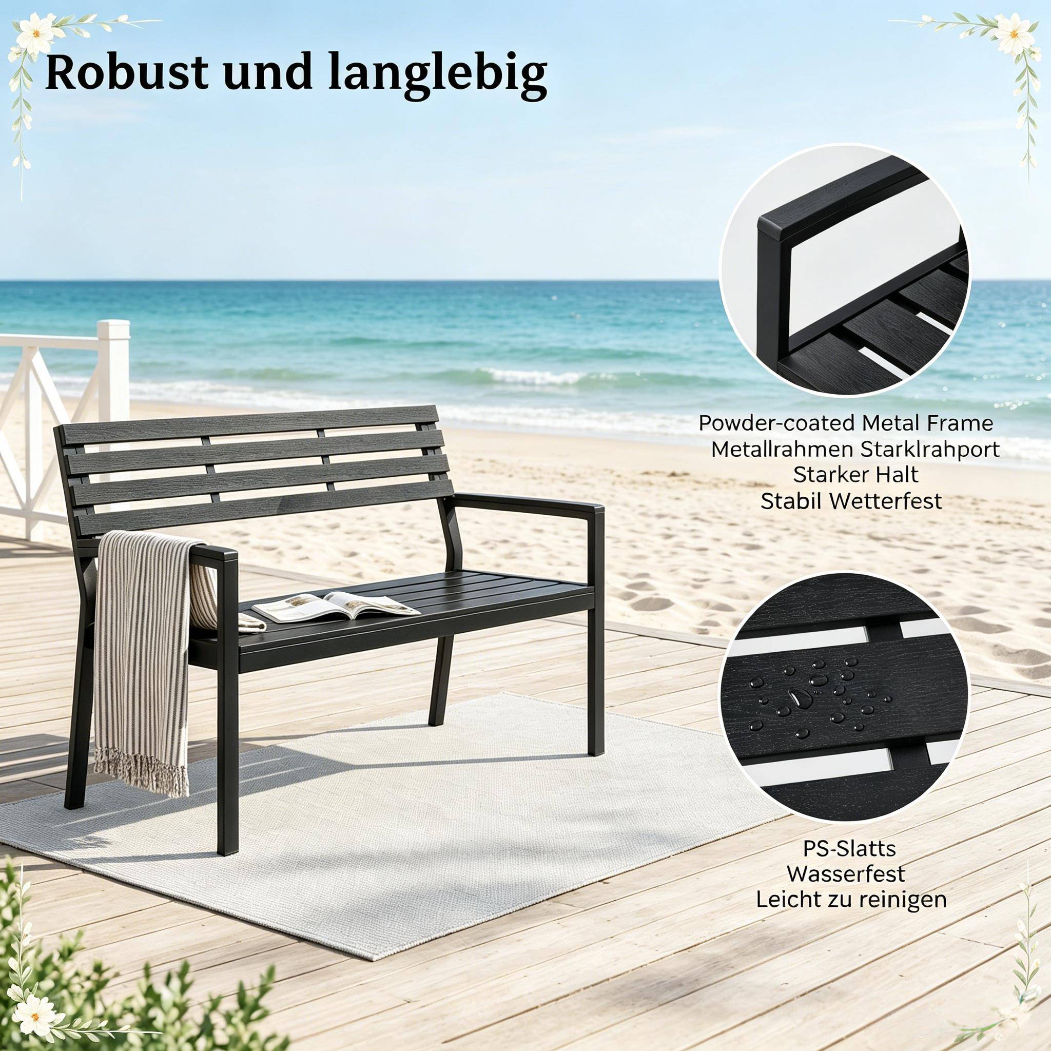 ComfortXL - Banc de jardin extérieur métal et lattes aspect bois résistant 115x55x85cm noir - ComfortXL Outdoor Living - Image 3