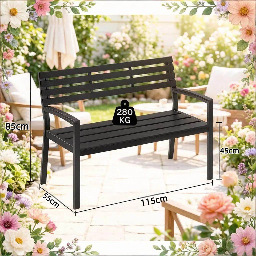 ComfortXL - Banc de jardin extérieur métal et lattes aspect bois résistant 115x55x85cm noir - ComfortXL Outdoor Living - Image 8