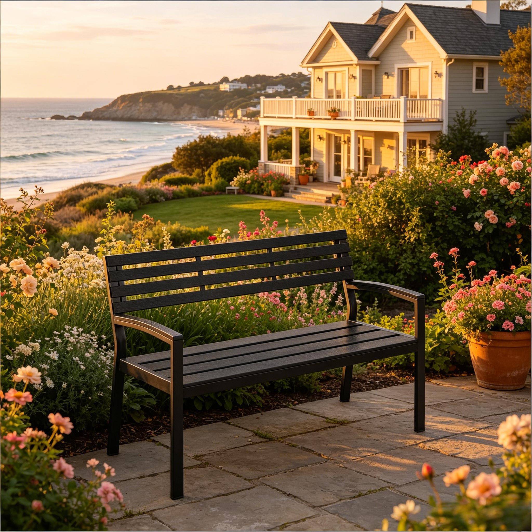 ComfortXL - Banc de jardin extérieur métal et lattes aspect bois résistant 115x55x85cm noir - ComfortXL Outdoor Living - Image 1