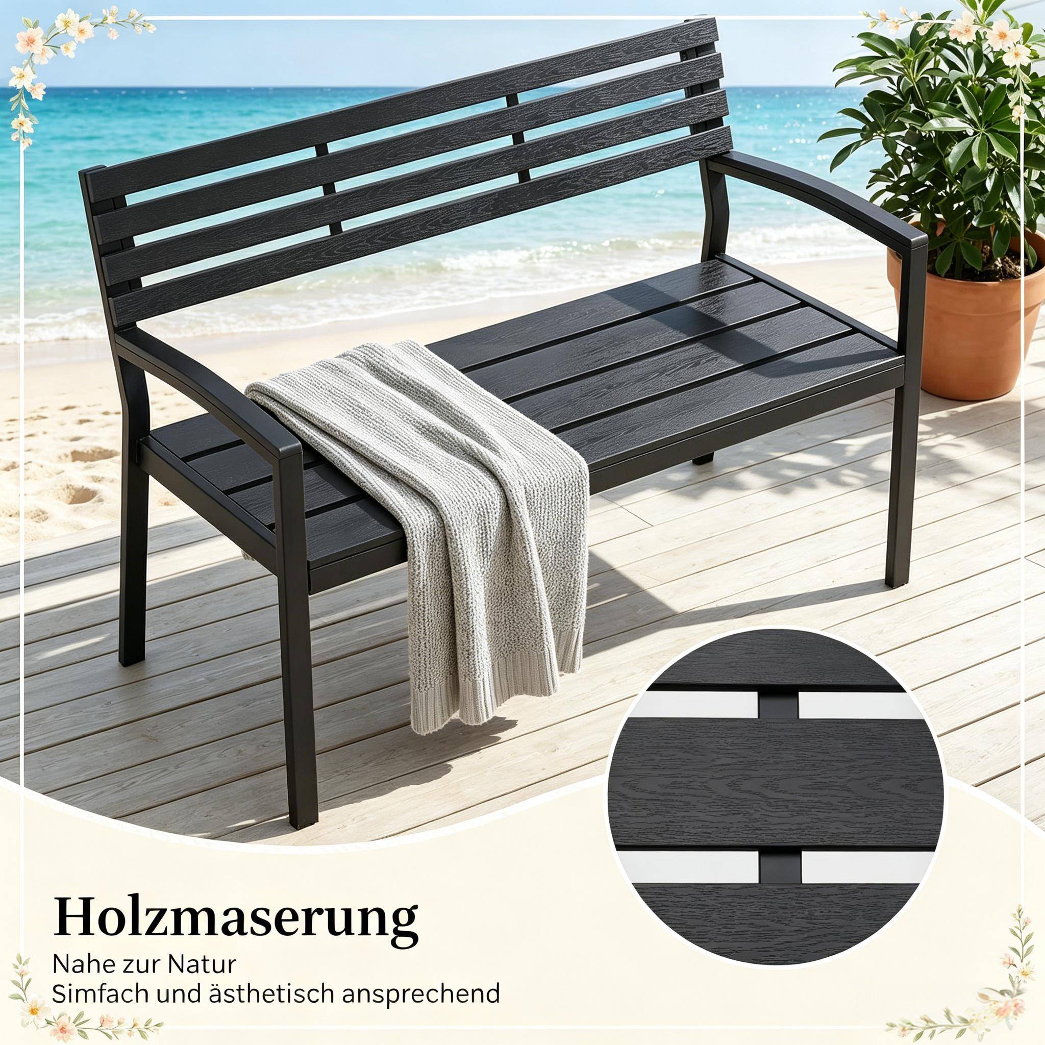 ComfortXL - Banc de jardin extérieur métal et lattes aspect bois résistant 115x55x85cm noir - ComfortXL Outdoor Living - Image 4