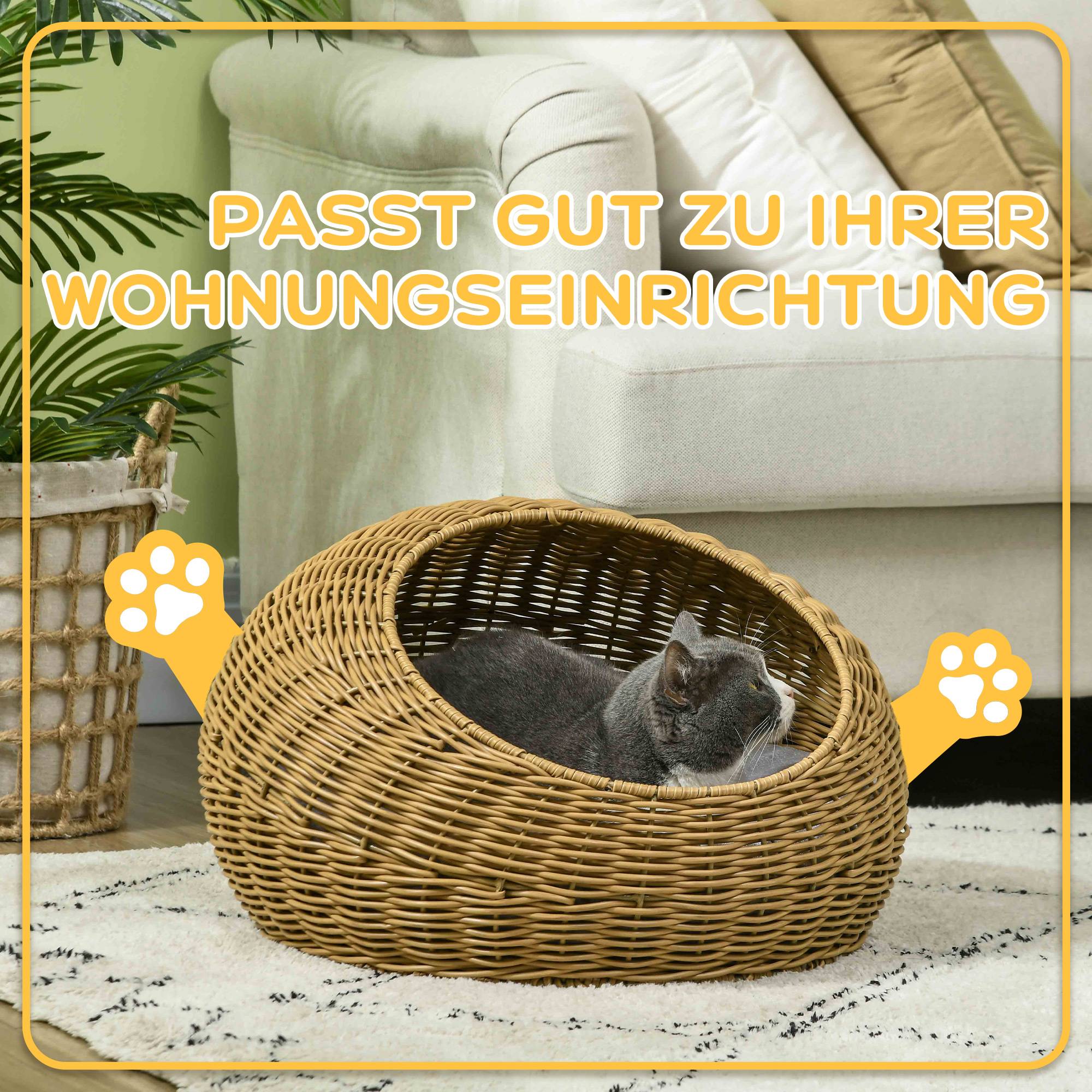 Sans Marque - Cachette chat avec coussin lavable, jusqu'à 4kg, Intérieur, Rotin synthétique, Ø50x31cm, Brun clair - Image 8