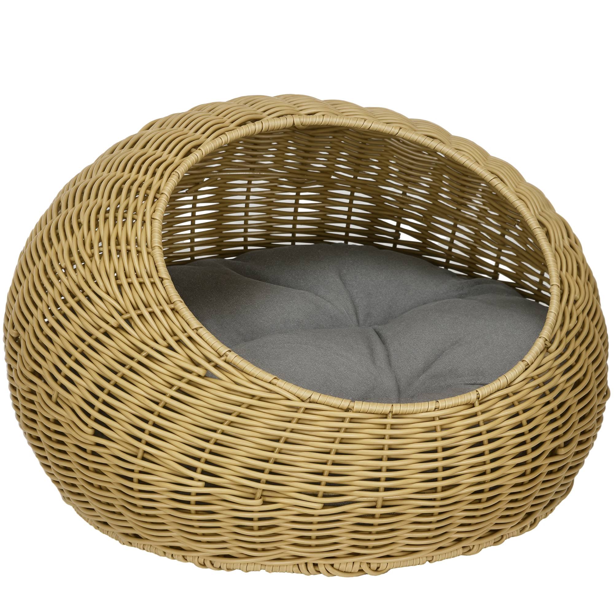 Sans Marque - Cachette chat avec coussin lavable, jusqu'à 4kg, Intérieur, Rotin synthétique, Ø50x31cm, Brun clair - Image 1