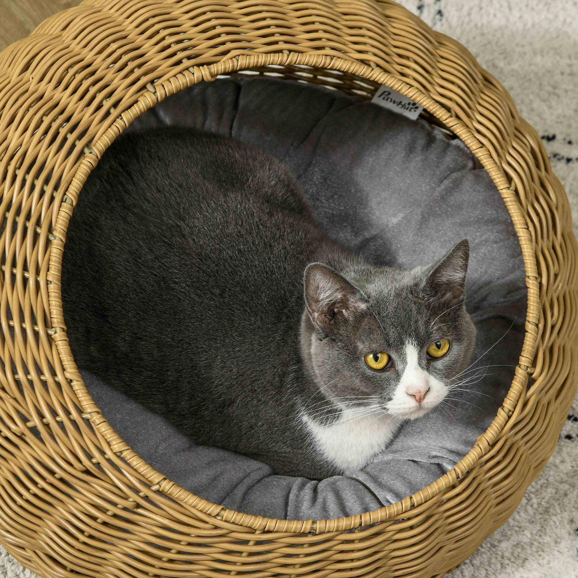 Sans Marque - Cachette chat avec coussin lavable, jusqu'à 4kg, Intérieur, Rotin synthétique, Ø50x31cm, Brun clair - Image 9