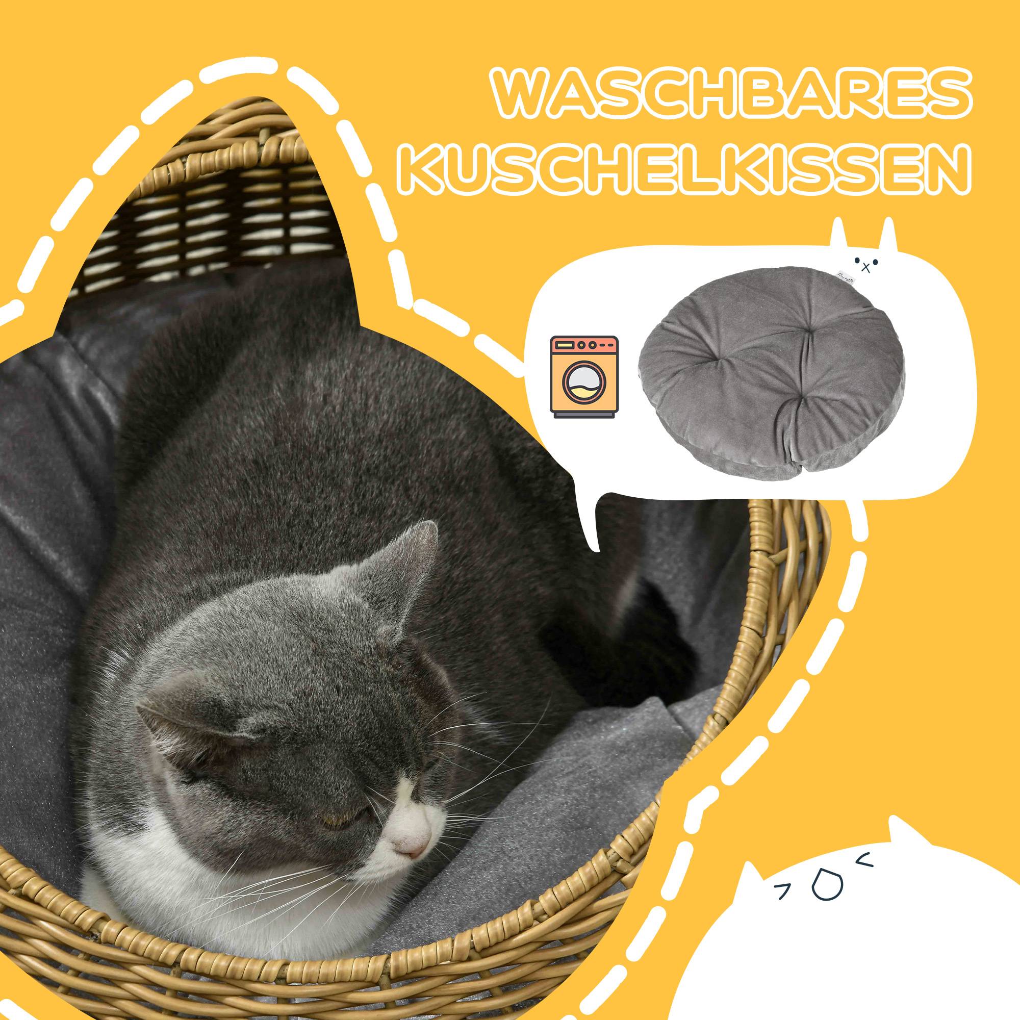 Sans Marque - Cachette chat avec coussin lavable, jusqu'à 4kg, Intérieur, Rotin synthétique, Ø50x31cm, Brun clair - Image 6