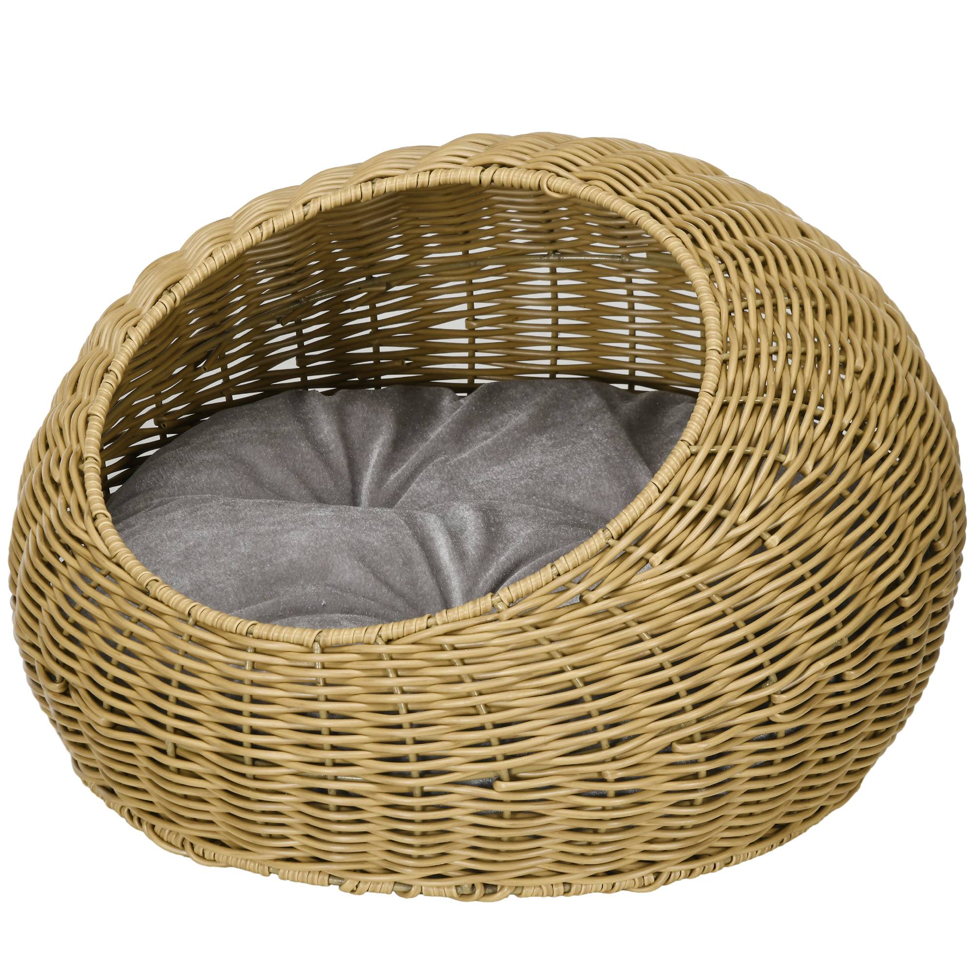 Sans Marque - Cachette chat avec coussin lavable, jusqu'à 4kg, Intérieur, Rotin synthétique, Ø50x31cm, Brun clair - Image 2