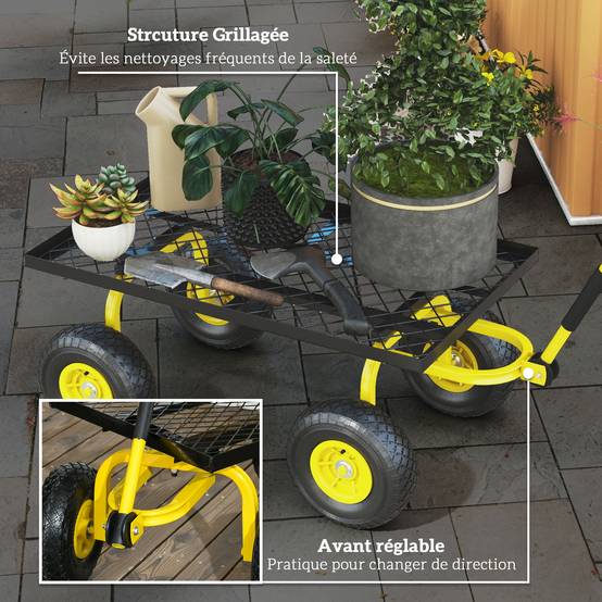 Chariot de jardin en acier pour travaux lourds avec roues gonflables 94x48x100cm jaune - ComfortXL Outdoor Living - Image 8