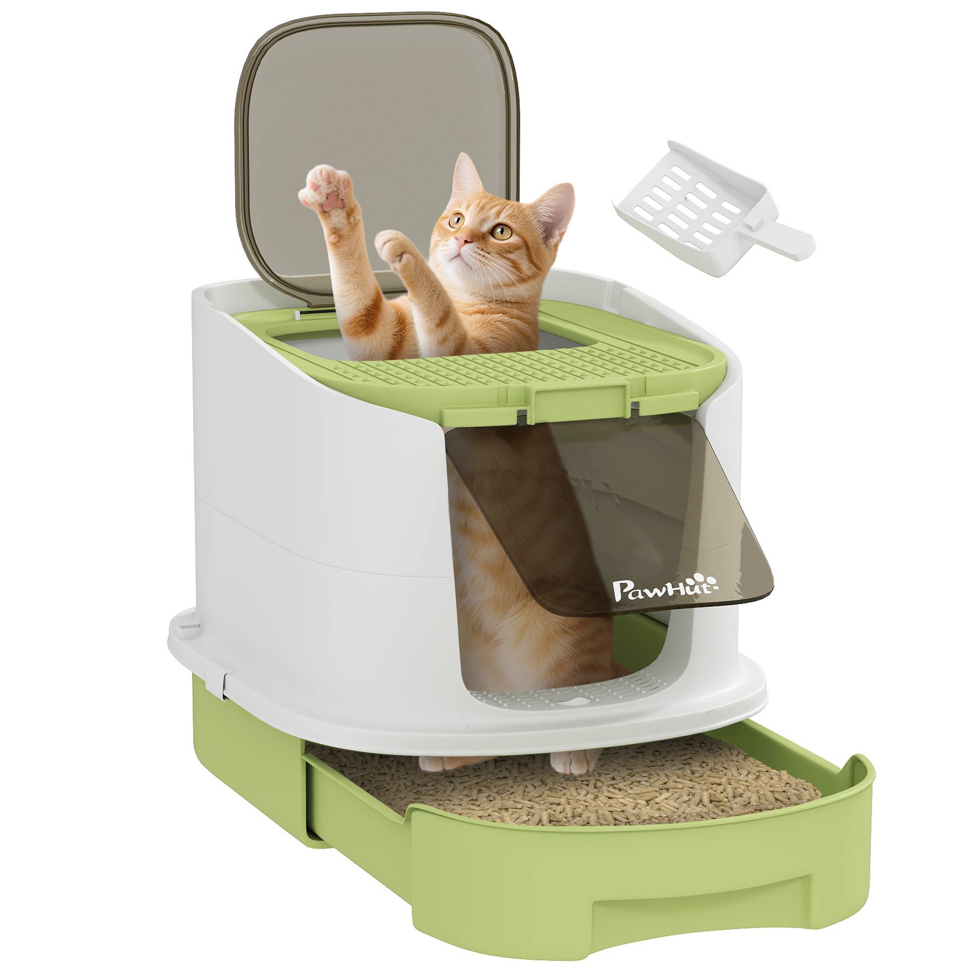 Bac à litière fermé porte translucide pelle incluse design hygiénique anti odeurs facile nettoyage chat intérieur 40,5 x 52,5 x 42,5 cm vert - Image 1