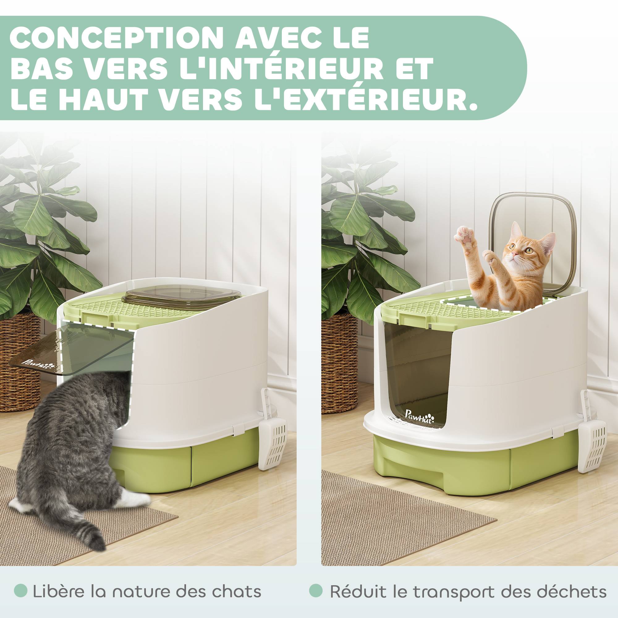 Bac à litière fermé porte translucide pelle incluse design hygiénique anti odeurs facile nettoyage chat intérieur 40,5 x 52,5 x 42,5 cm vert - Image 8