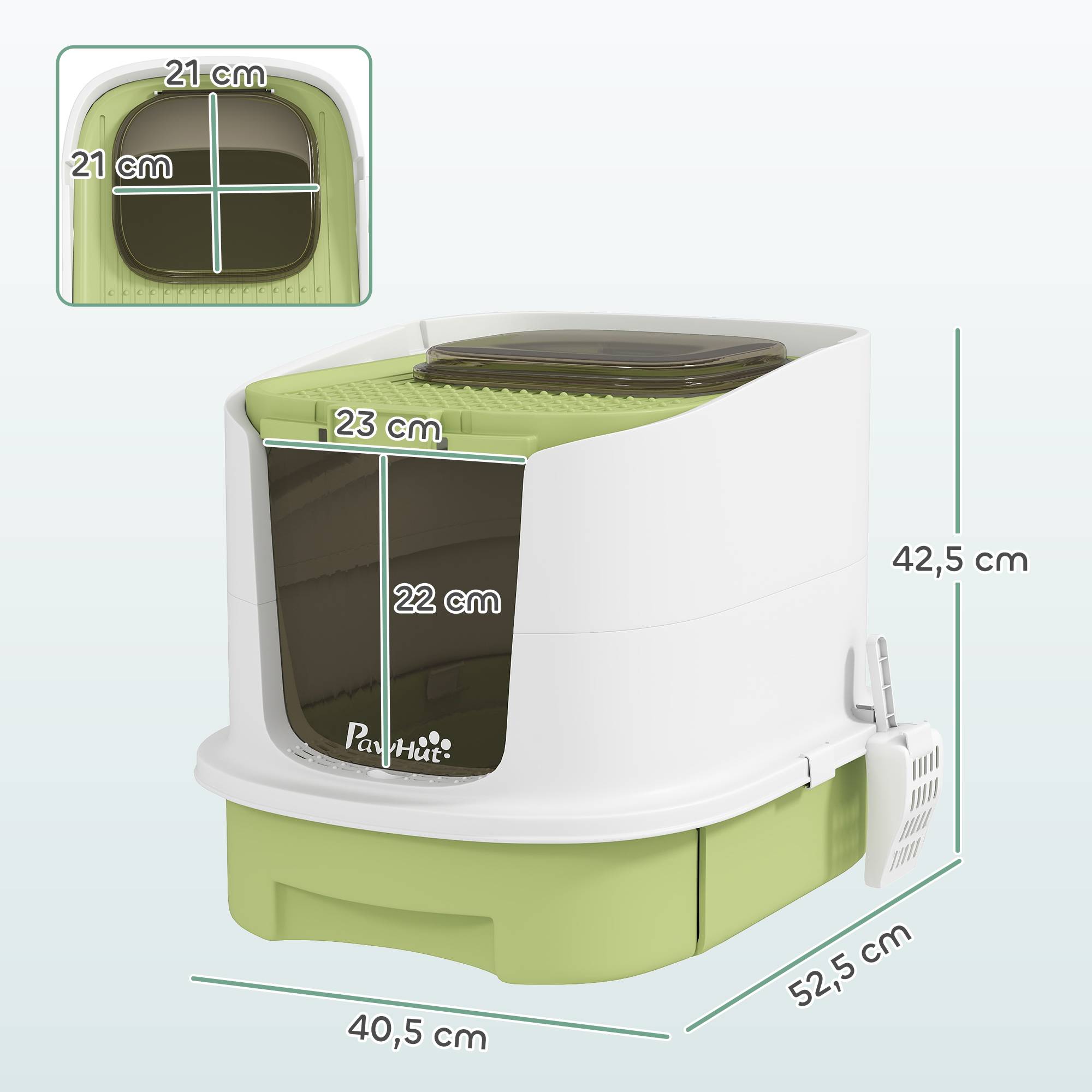 Bac à litière fermé porte translucide pelle incluse design hygiénique anti odeurs facile nettoyage chat intérieur 40,5 x 52,5 x 42,5 cm vert - Image 5