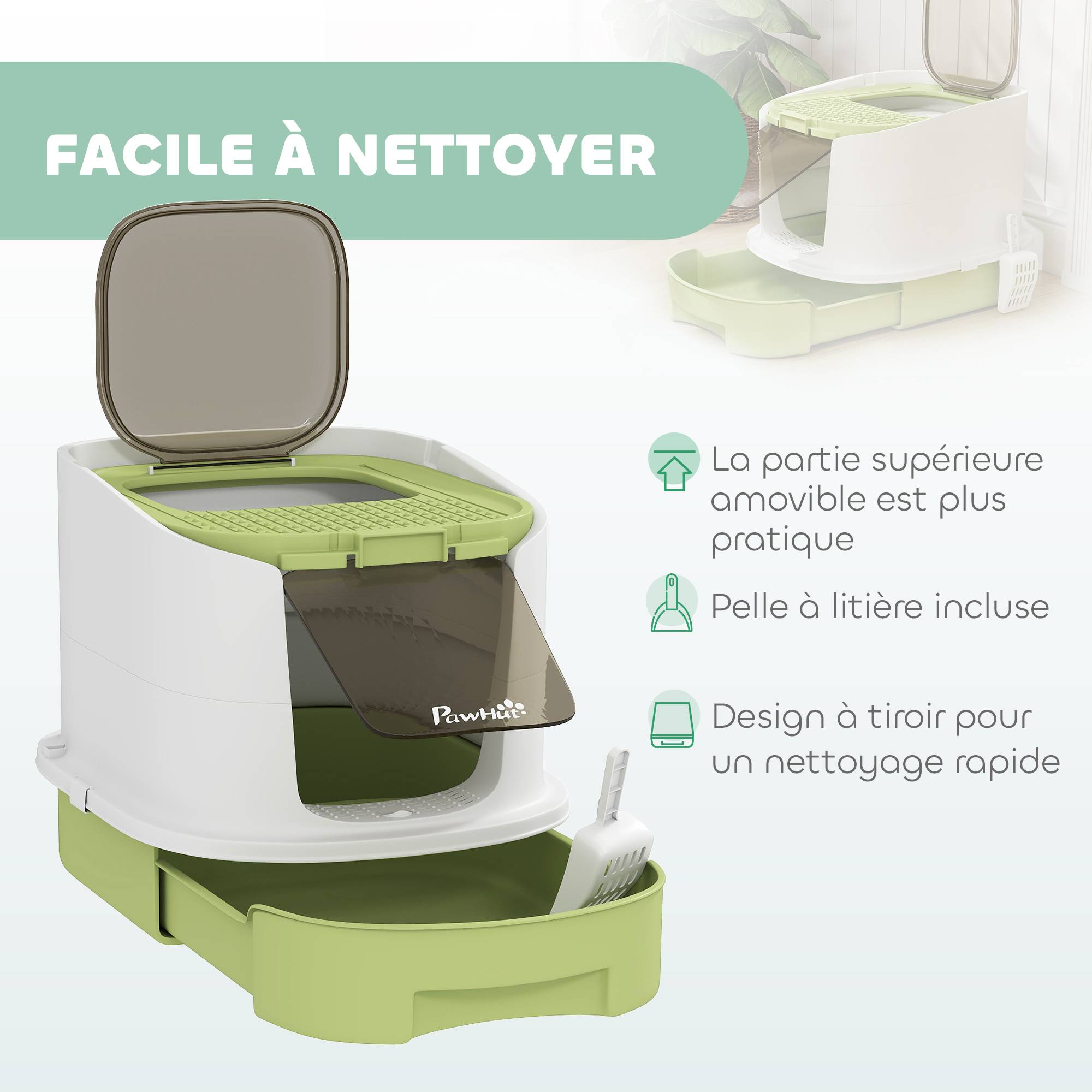 Bac à litière fermé porte translucide pelle incluse design hygiénique anti odeurs facile nettoyage chat intérieur 40,5 x 52,5 x 42,5 cm vert - Image 7