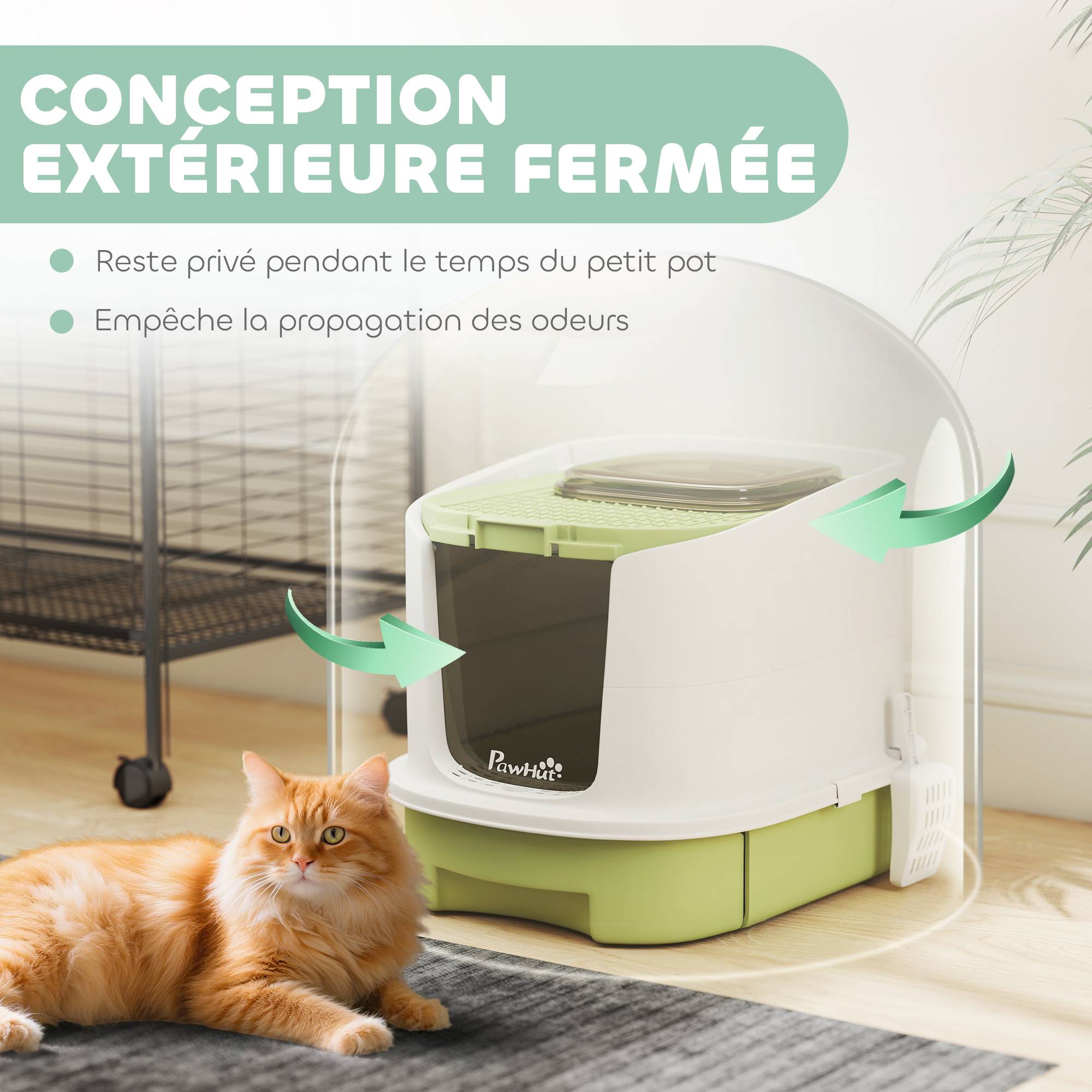 Bac à litière fermé porte translucide pelle incluse design hygiénique anti odeurs facile nettoyage chat intérieur 40,5 x 52,5 x 42,5 cm vert - Image 6