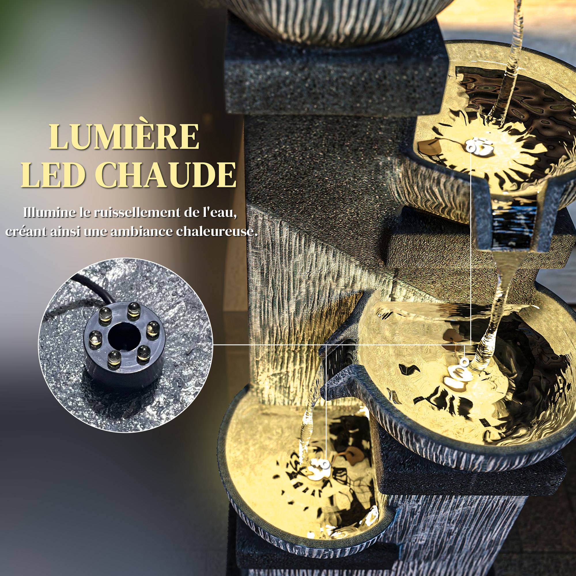 Fontaine de Jardin Cascade Fontaine d'eau 4 niveaux avec lumières LED, résine, 38 x 36 x 85 cm, gris - Image 6